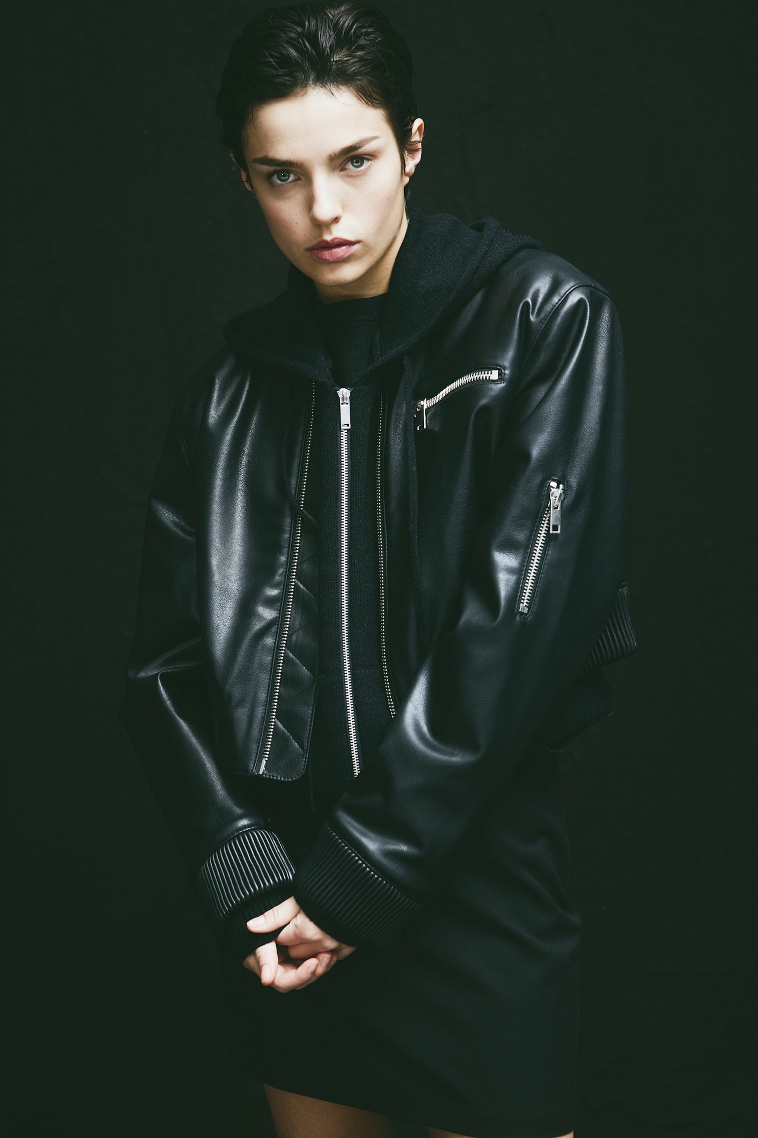 Coated Bomber Jacket - Black - 1