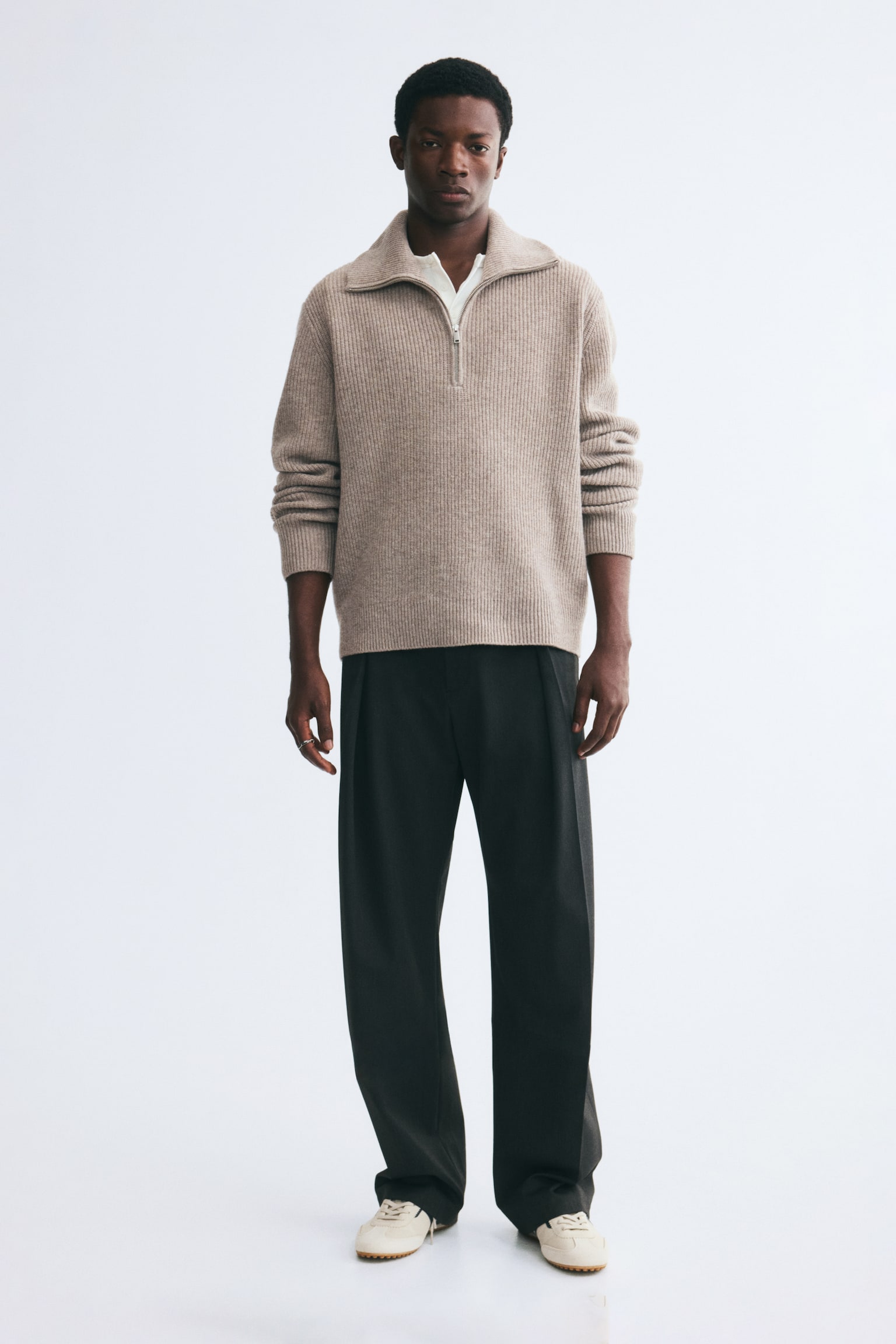 Мужской свитер H&M Regular-Fit Half-Zip Wool, цвет: Бежевый — фото 4