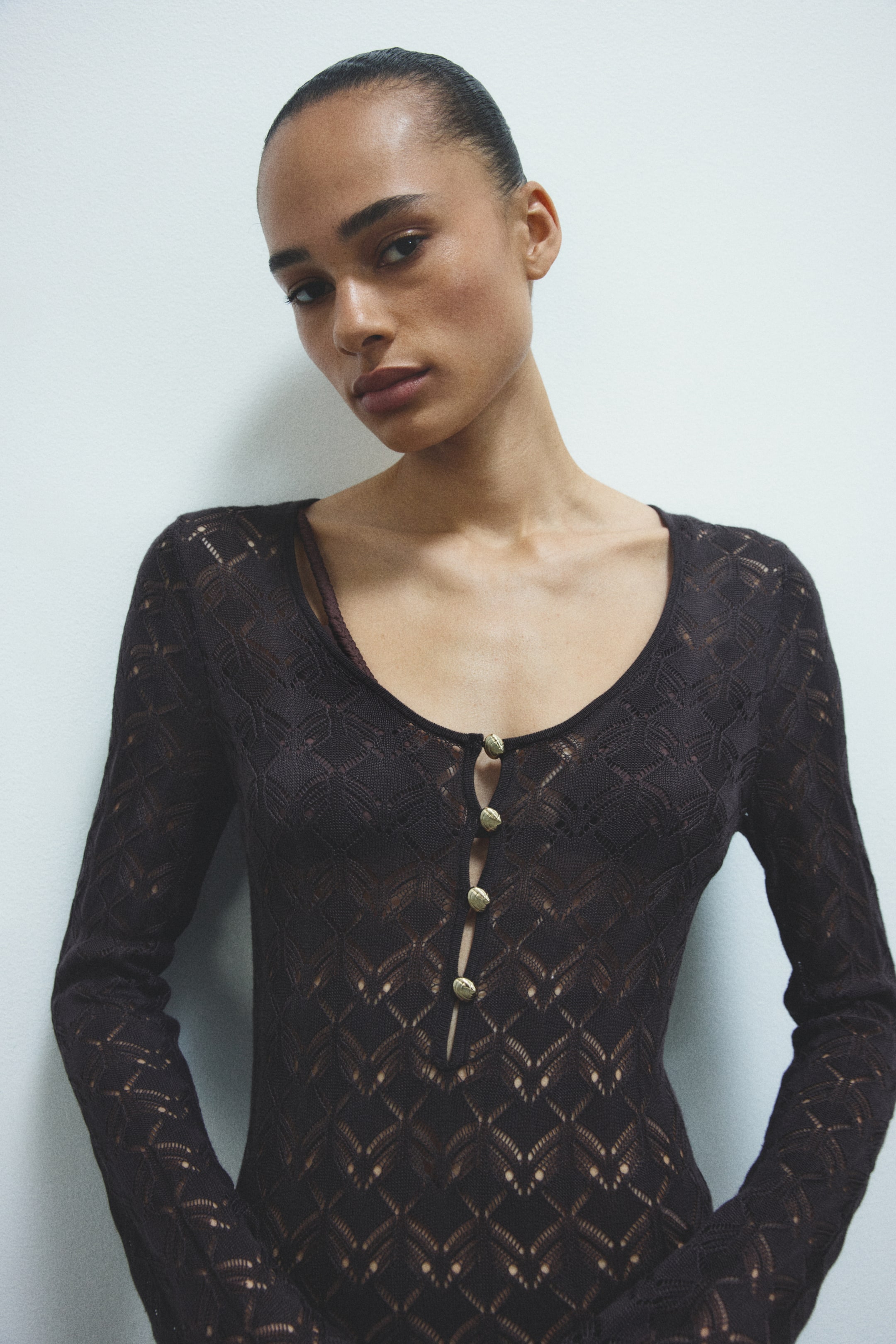 View larger image: Crochet-look button-top dress - Dark brown - Ladies | H&M 1