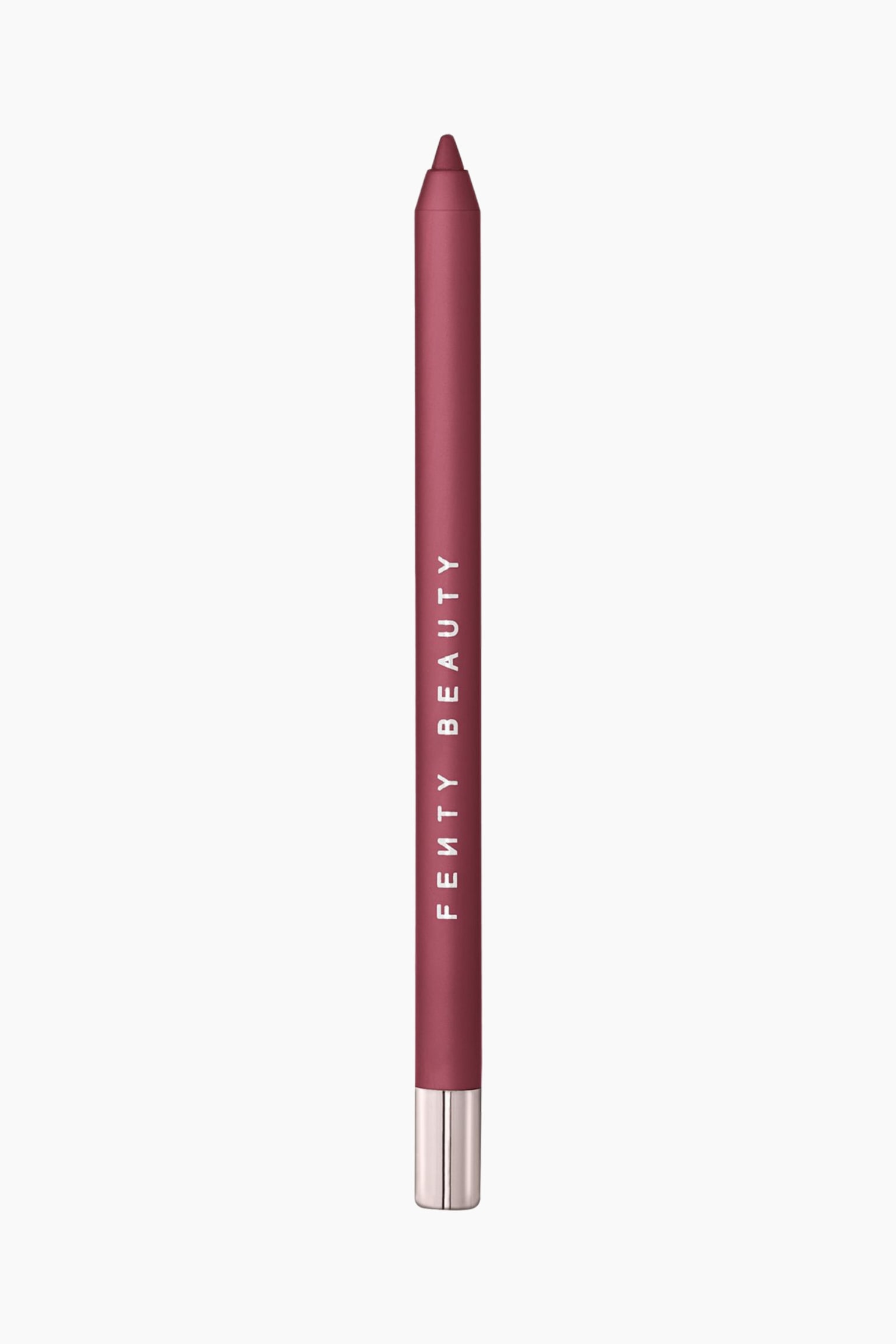 Trace'd Out Longwear Waterproof Pencil Lip Liner on pystyasennossa, ja siinÃ¤ on matta marjansÃ¤vyinen runko, joka vastaa sen terÃ¤vÃ¤Ã¤ kÃ¤rkeÃ¤. Valkoinen teksti âFENTY BEAUTYâ kulkee pystysuunnassa kynÃ¤n alaosaa pitkin, ja kynÃ¤ pÃ¤Ã¤ttyy metallinhohtoiseen hopeanvÃ¤riseen pohjaan.