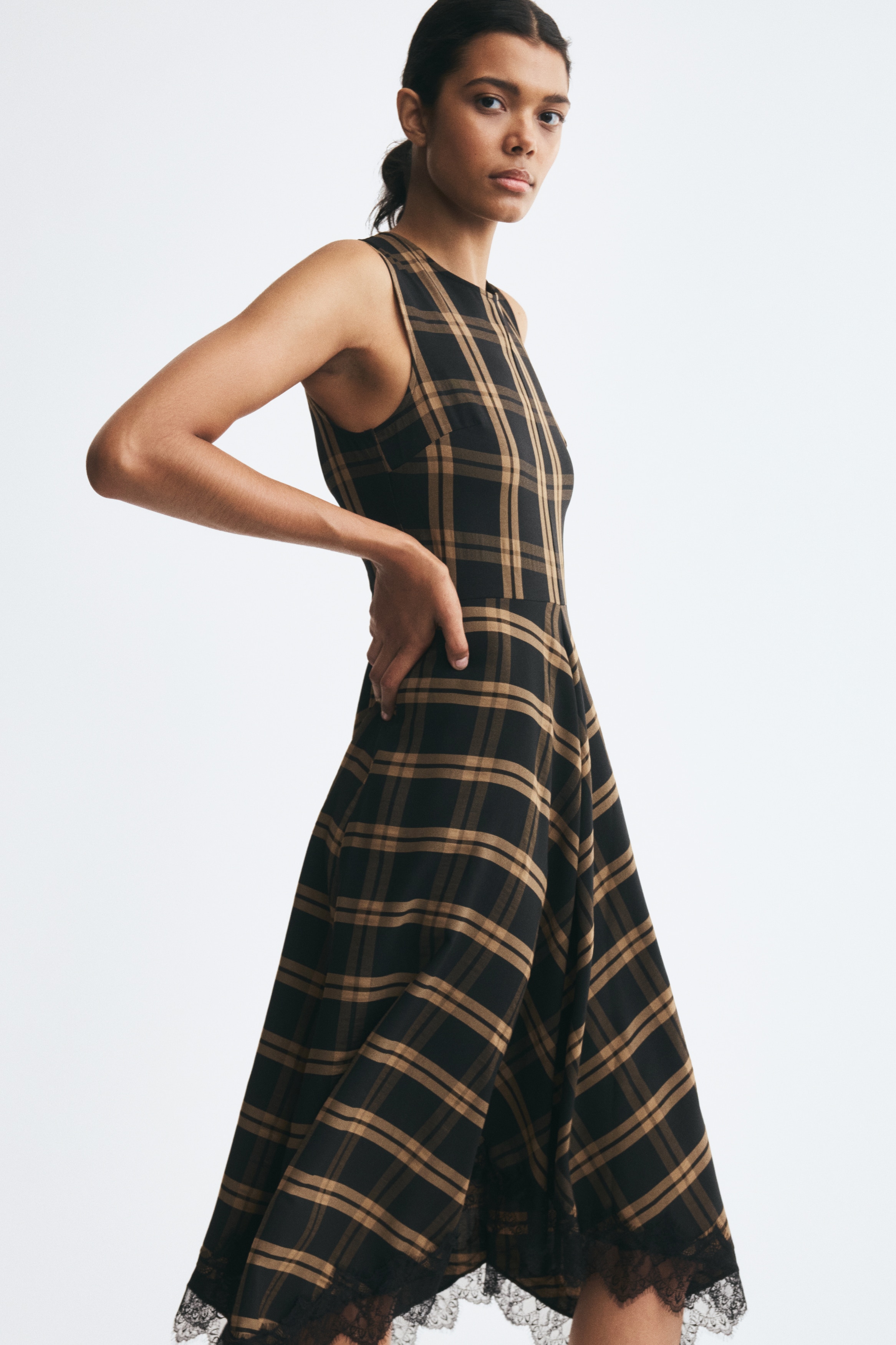 Lace-trimmed handkerchief dress - Dark brown/Checked