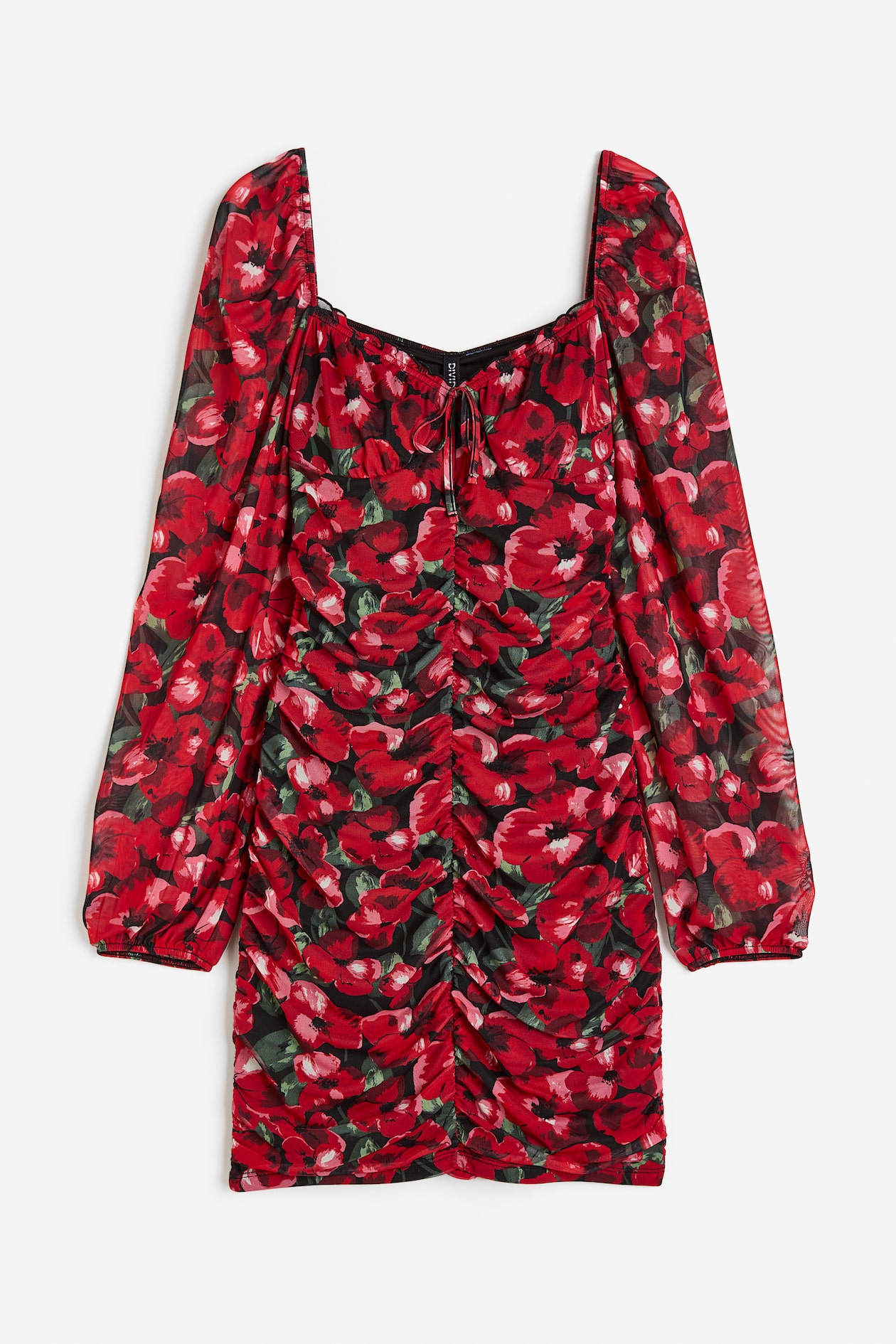 Gathered Mesh Dress - Sweetheart Neckline - Long sleeve - Red/floral ...