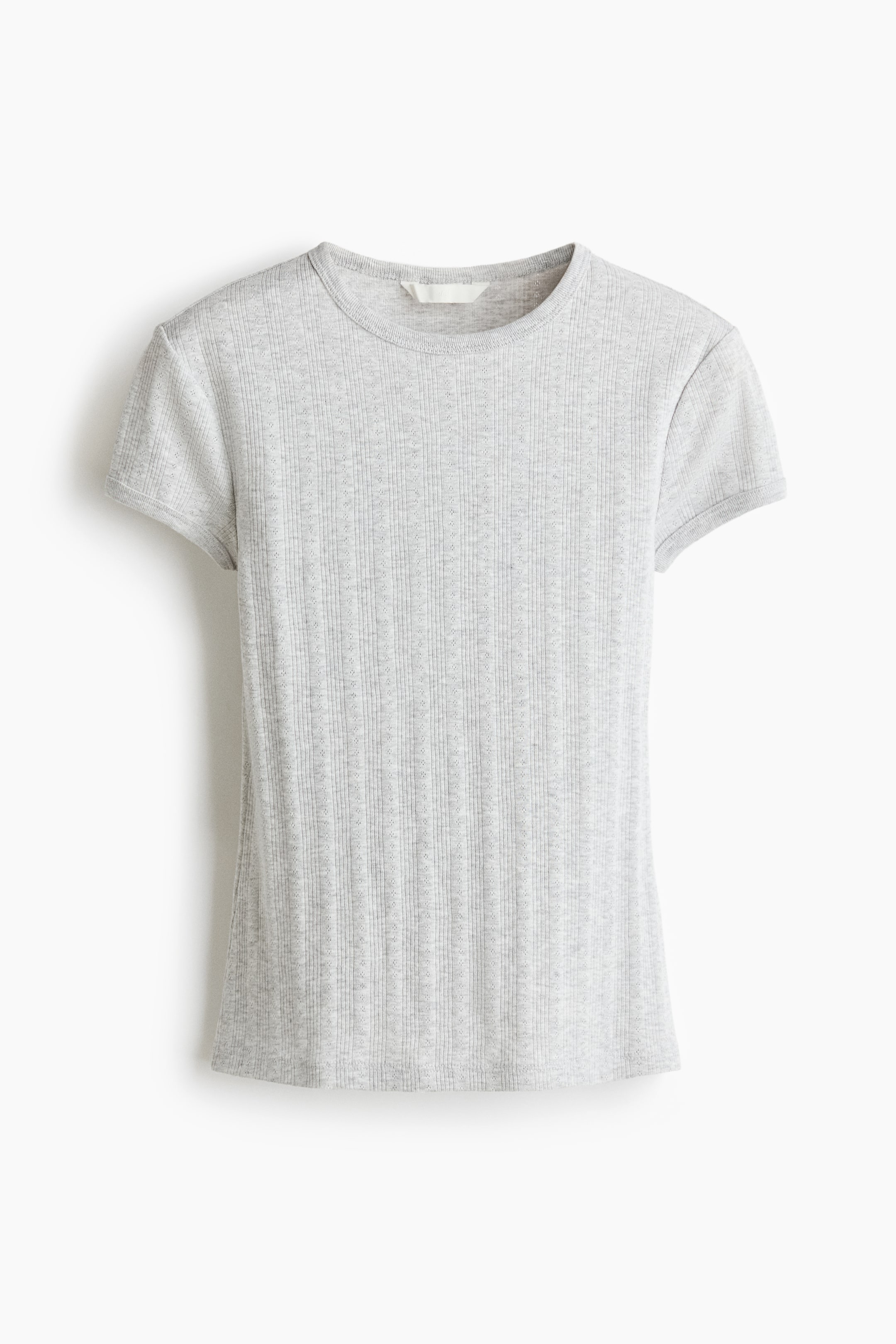 View larger image: A light grey fitted t-shirt is showcasing its FRONT. It boasts a delicate pointelle-knit pattern with vertical ribbing all over the body. The round neckline and the short sleeve cuffs are accentuated by a ribbed trim.