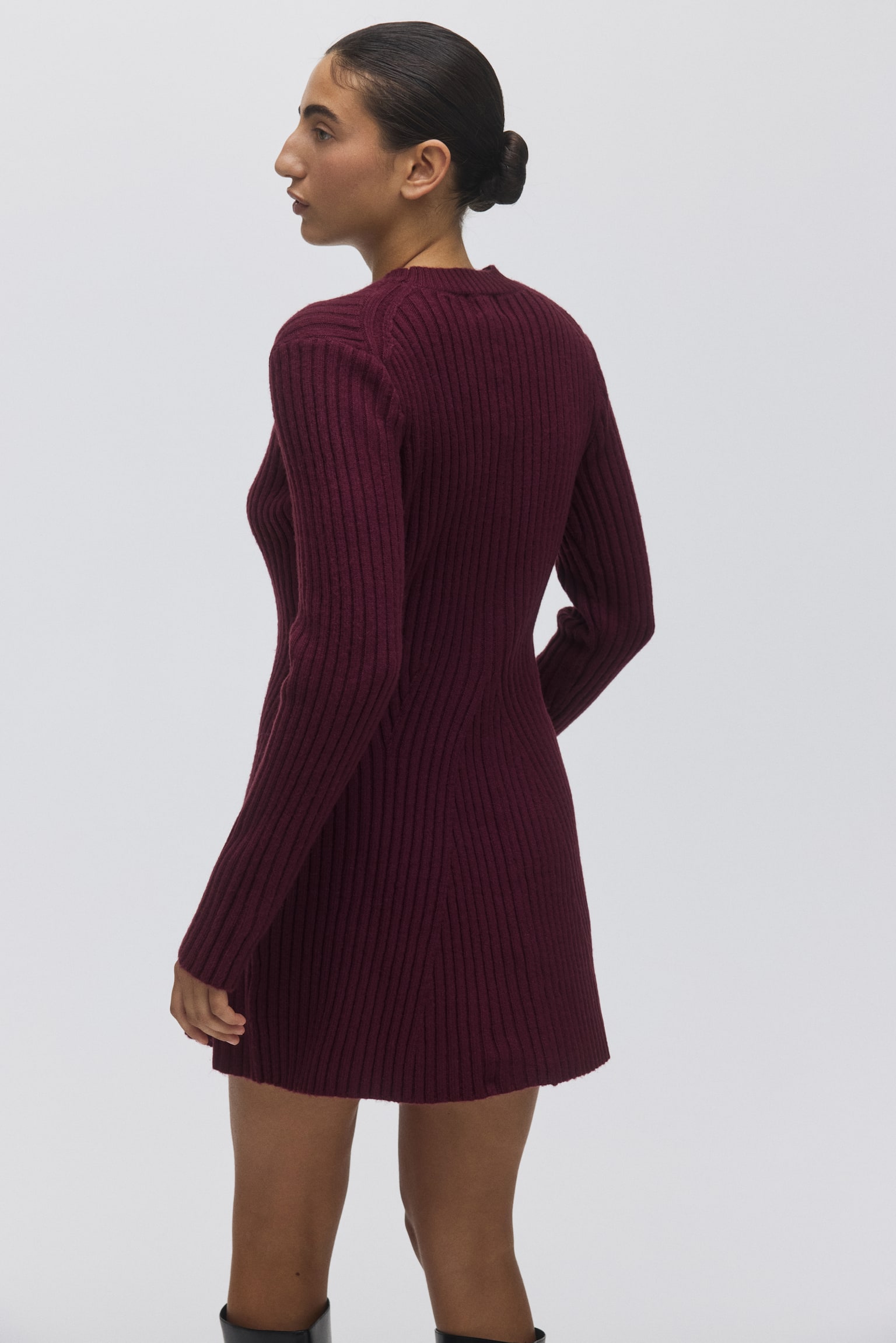 Rib-knit dress - Burgundy/Light beige/Dark grey marl/Light brown/Dark khaki green/Dark brown/Grey marl/Powder pink - 3