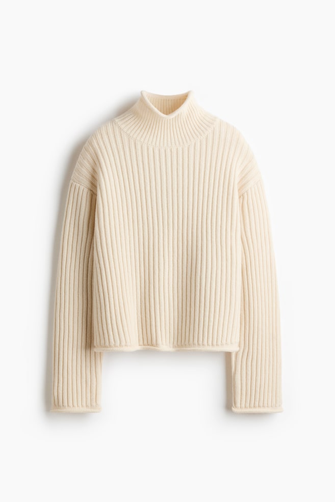 Pull en maille de laine côtelée - Crème/Marron - 1