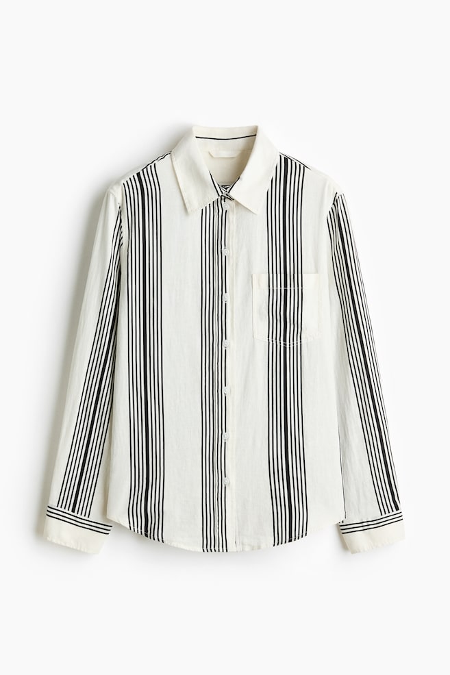Camisa en mezcla de lino - Blanco/Rayas negras - 1