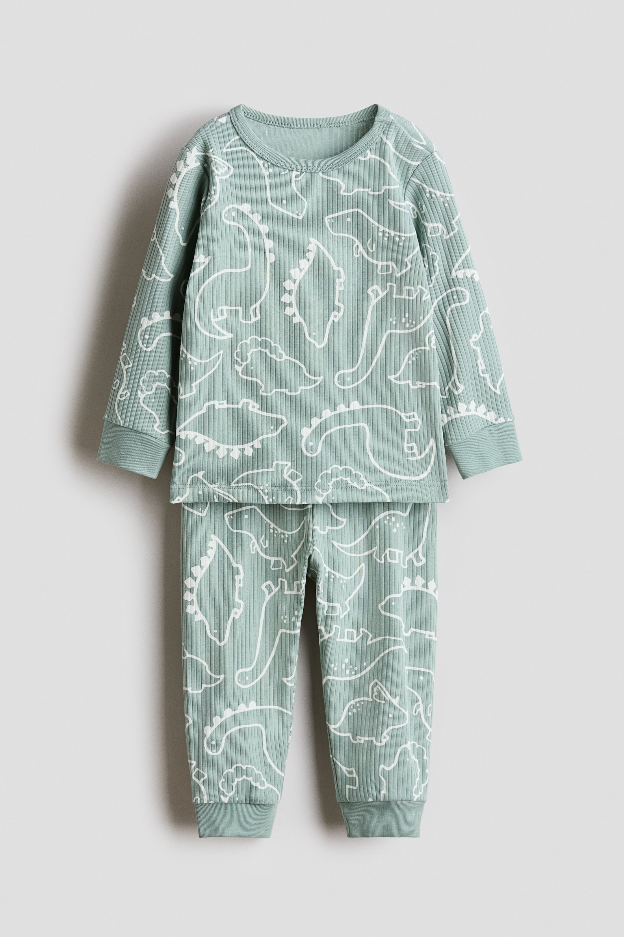View larger image: A light green ribbed two-piece pyjama set is presenting FRONT, featuring white outlines of various dinosaurs. The set includes a long-sleeved top with a crew neck and ribbed cuffs, and matching full-length pyjama bottoms with ribbed cuffs.