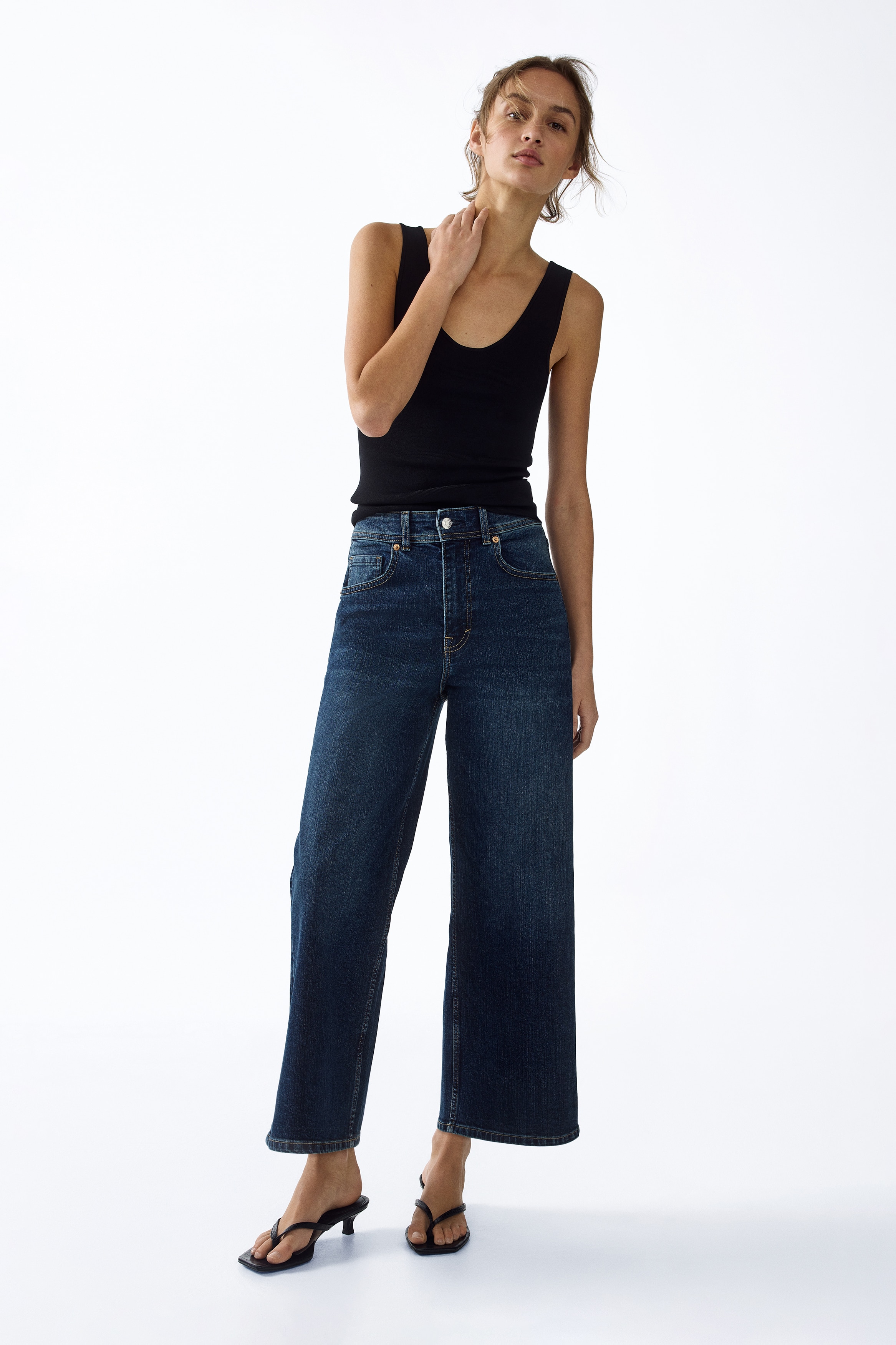 Wide High Waist Ankle Jeans - Mørk denimblå/Lys denimblå/Beige/Hvit/Denimblå/Beige