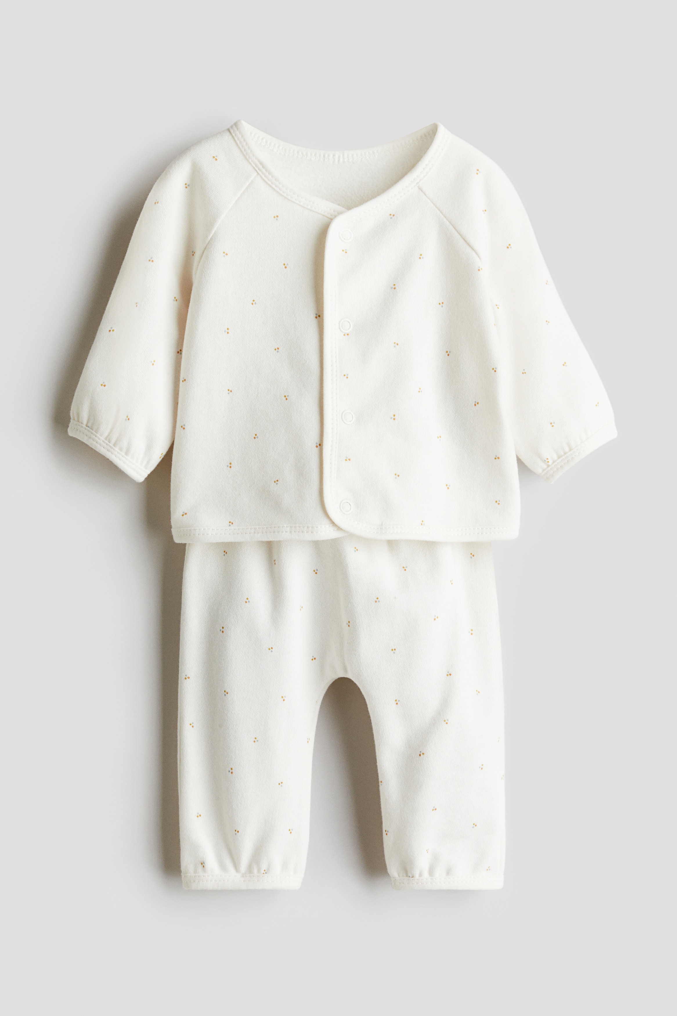 2-delt superblødt sæt i bomuldsjersey - Hvid/Mønstret/Mørk beige