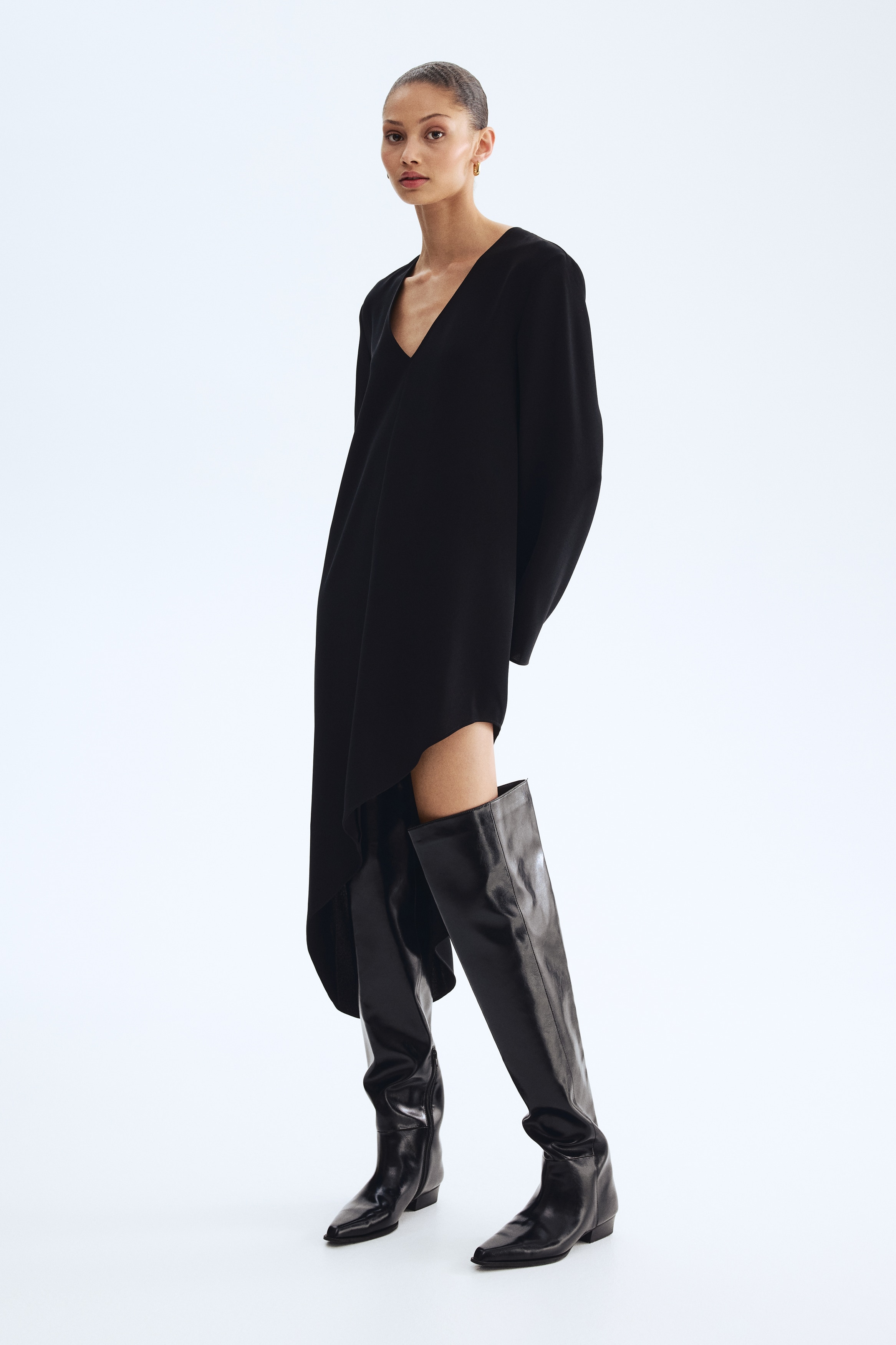 a line black long dress A-Line long sleeves Tulle Lace Black Long Prom Dress, Black Lace Long
