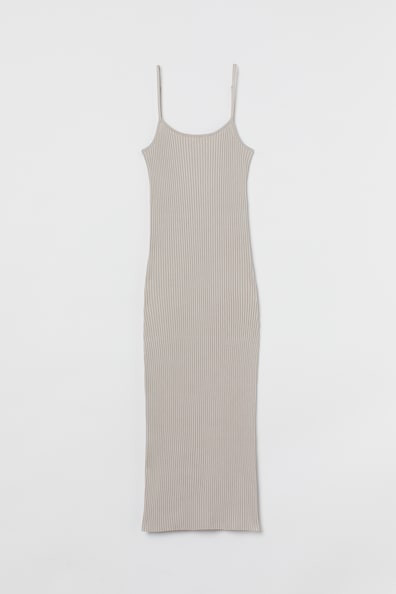 Ribbed dress - Deep neckline - Sleeveless - Light beige - Ladies | H&M GB