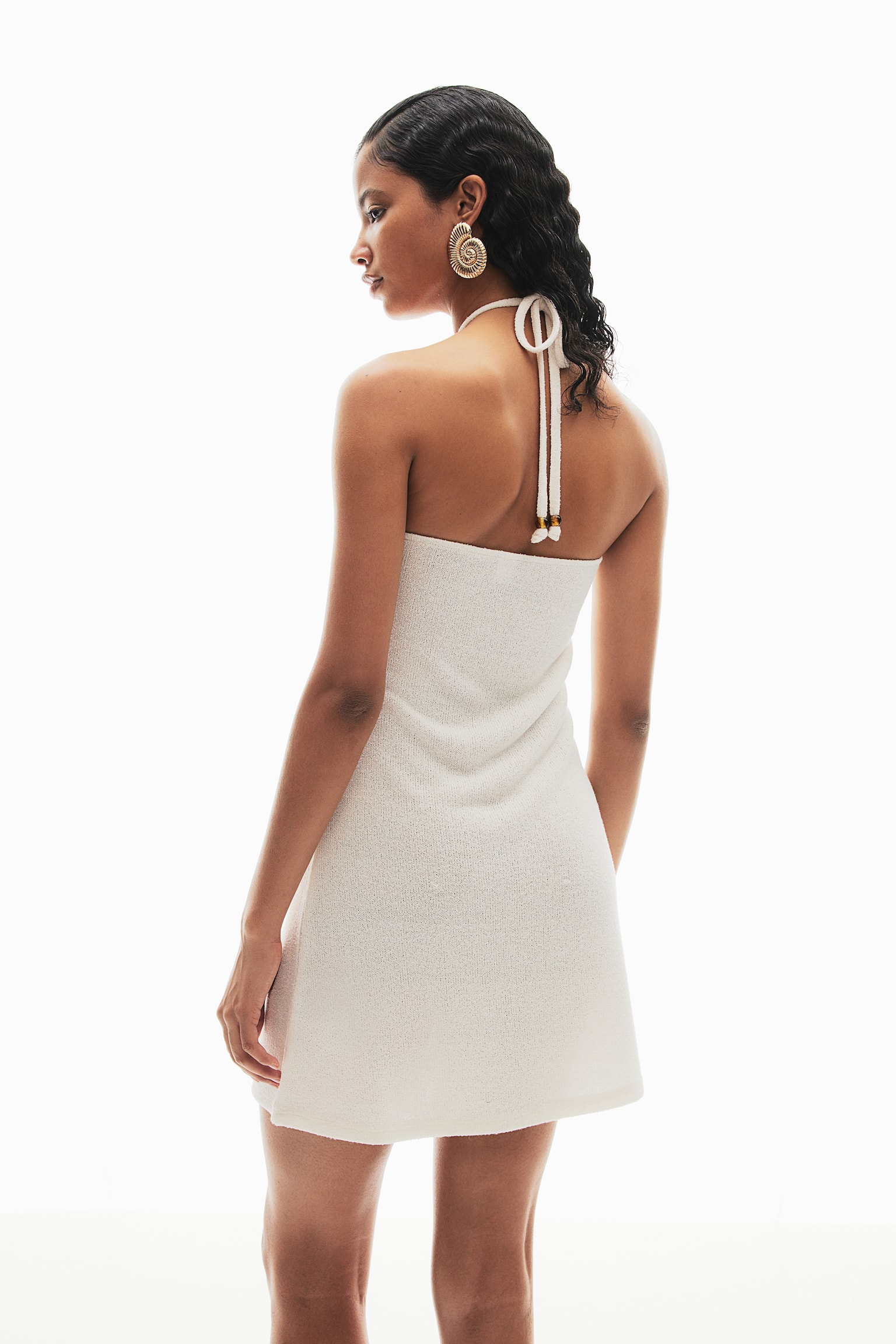 Bead-detail halterneck dress - Cream - 3