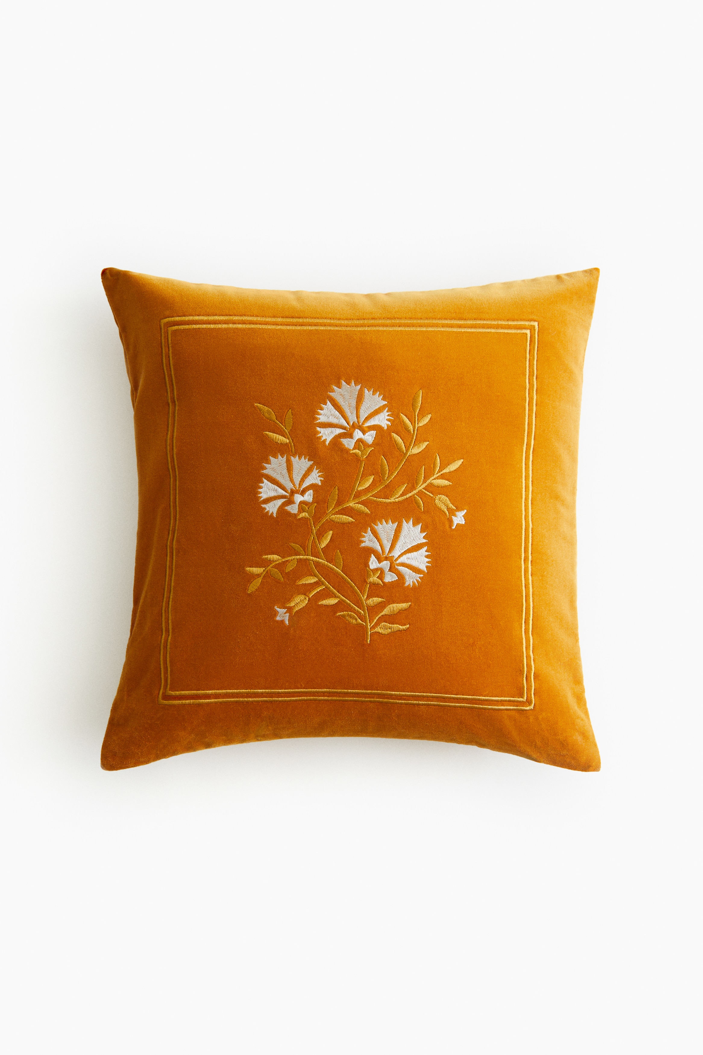 Embroidered cushion cover - Mustard yellow/Flowers