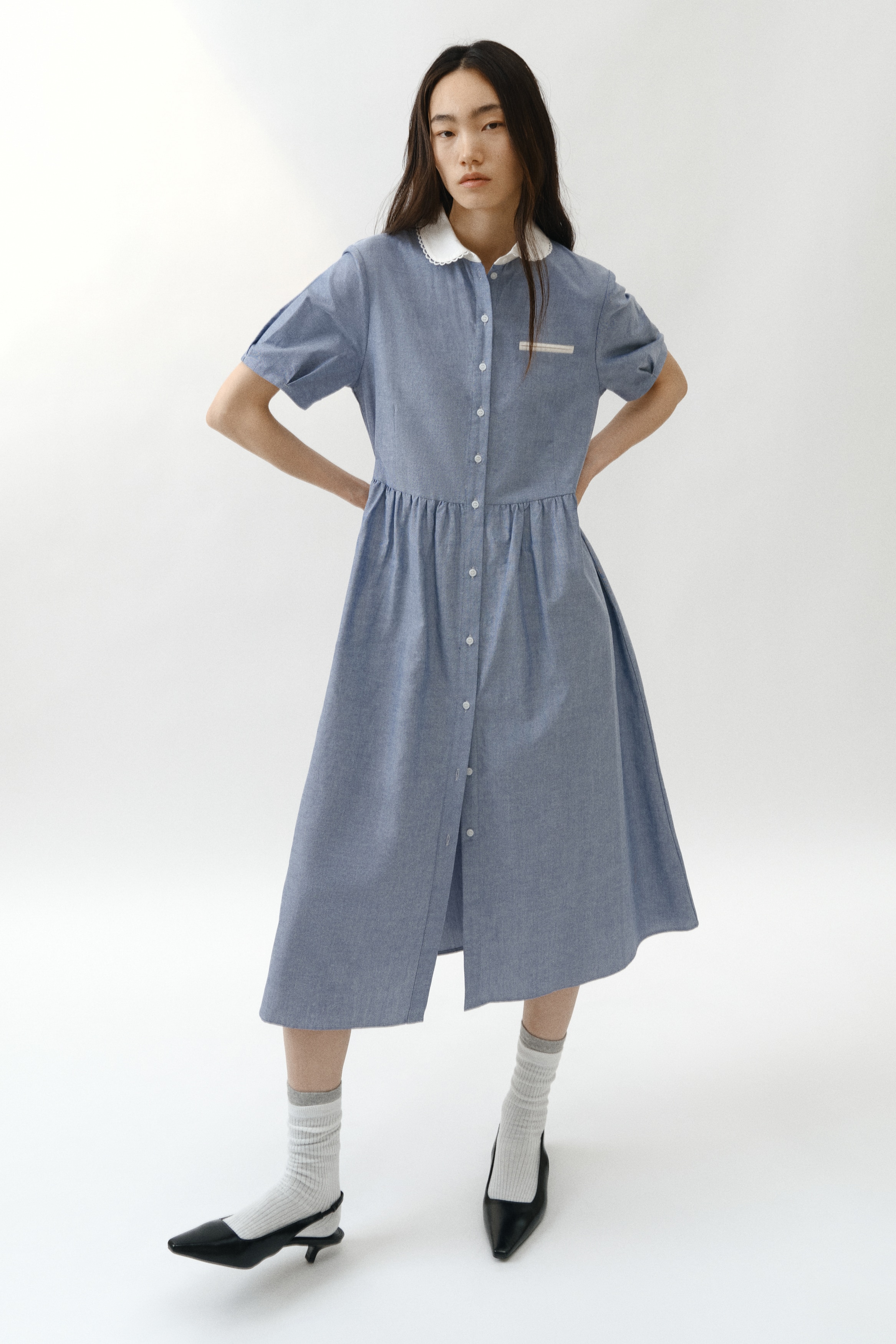 Puff-sleeved shirt dress