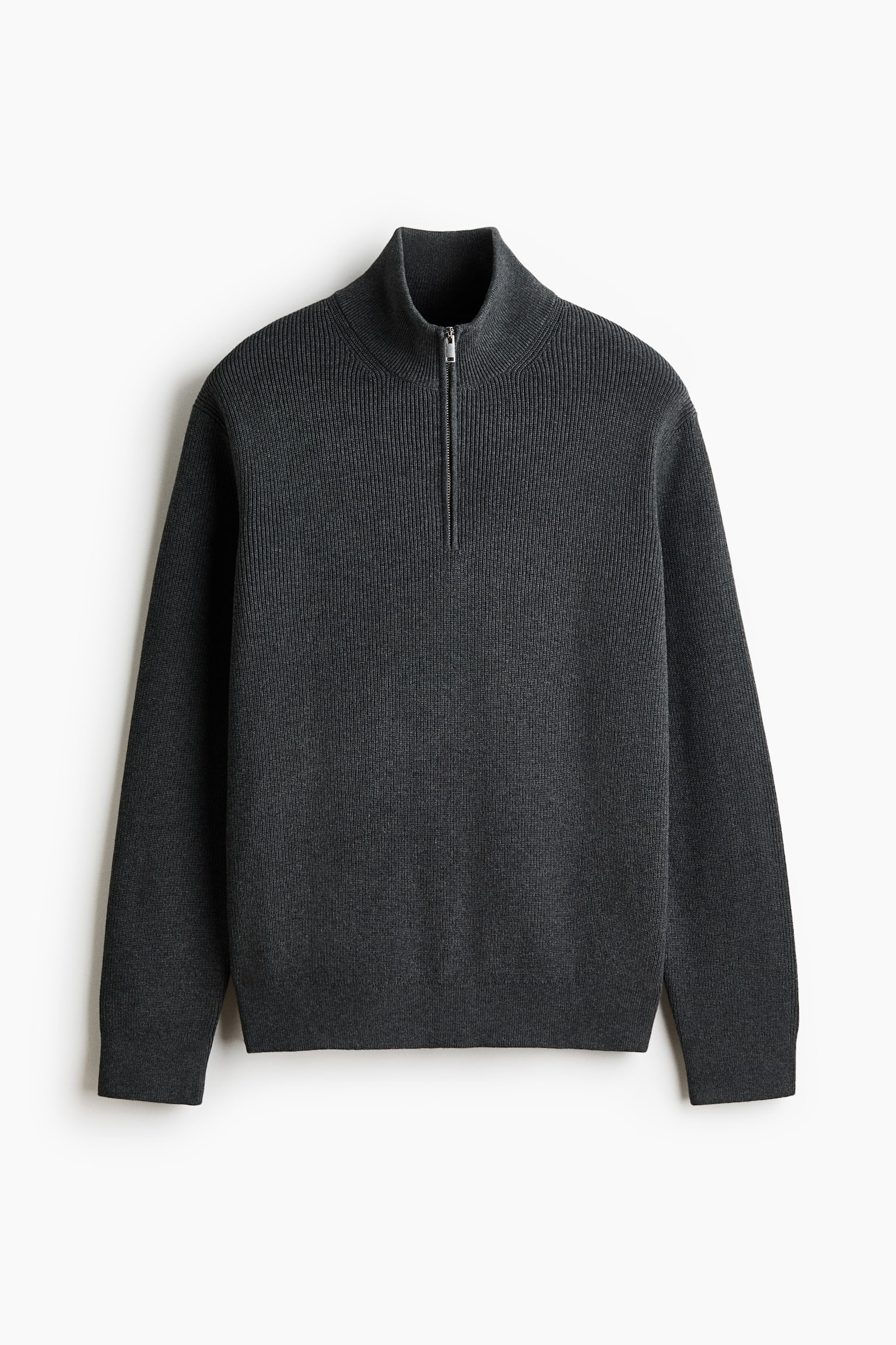 A dark gray quarter-zip sweater is facing forward, featuring a ribbed knit texture, a stand-up collar, a silver-toned zipper, and ribbed cuffs and hem. - 1