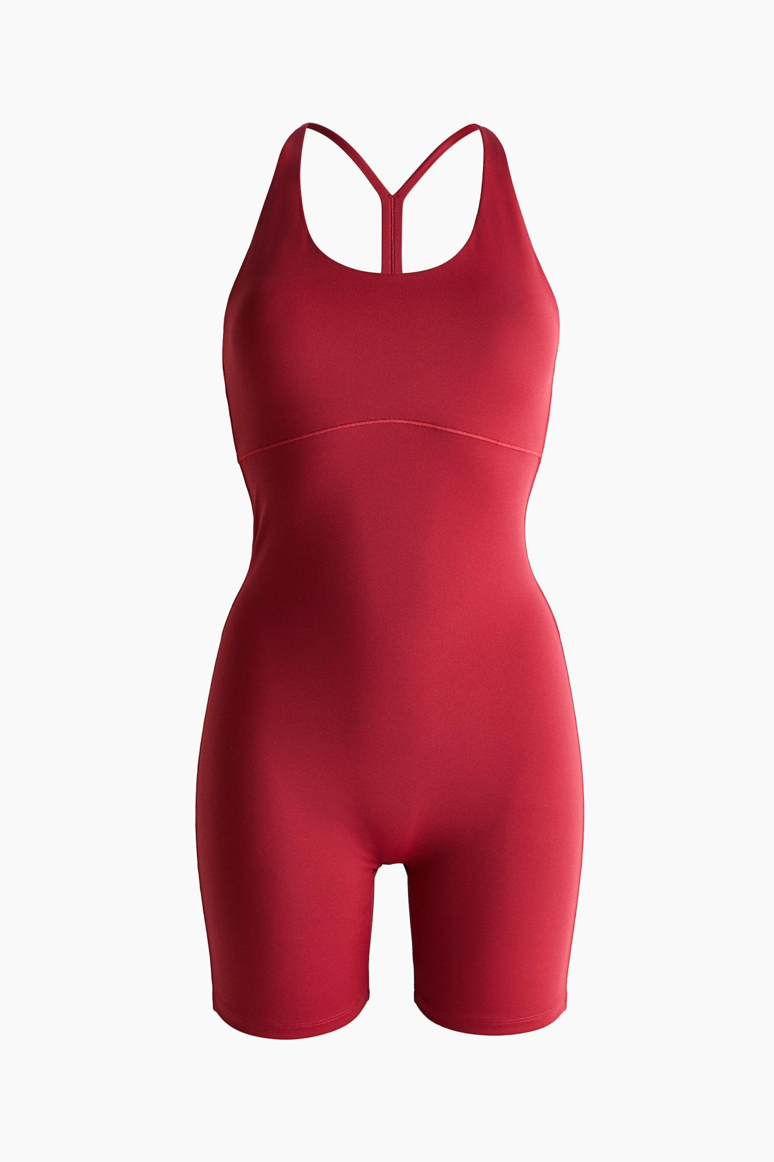 Un justaucorps athlétique rouge met en valeur une silhouette moulante, avec un col rond et des bretelles dos nageur. Il est conçu avec des jambes de style short et une couture horizontale au niveau de la taille. - 1