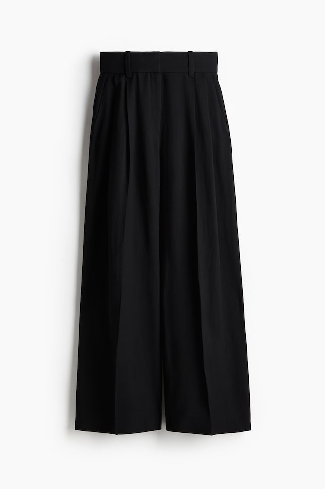 Wide linen-blend trousers - Black/Dark beige - 1