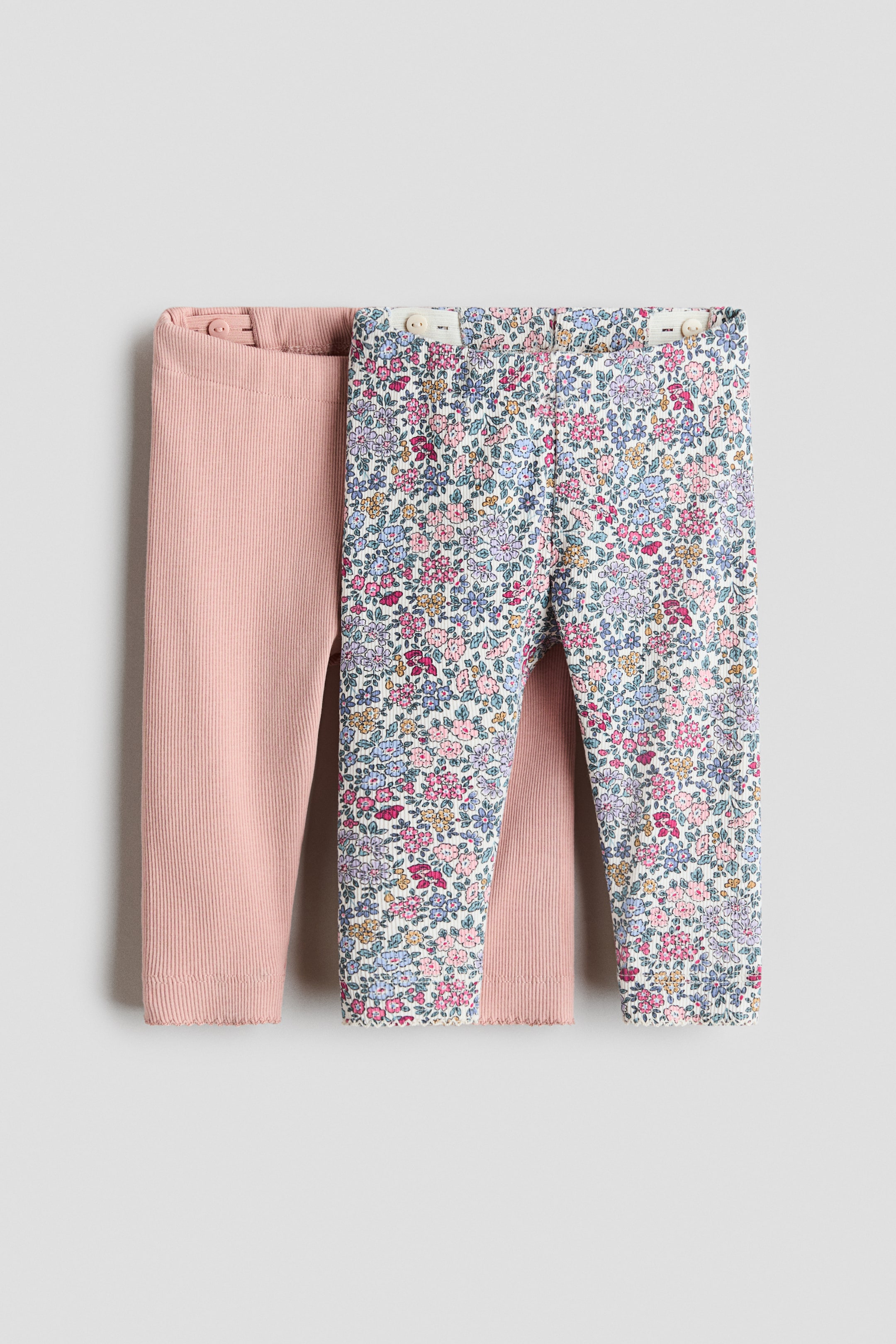 Büyük resmi görüntüle: 2'li Pamuklu ve Ribanalı Tayt - Light dusty pink/Floral - ÇOCUK | H&M TR 1