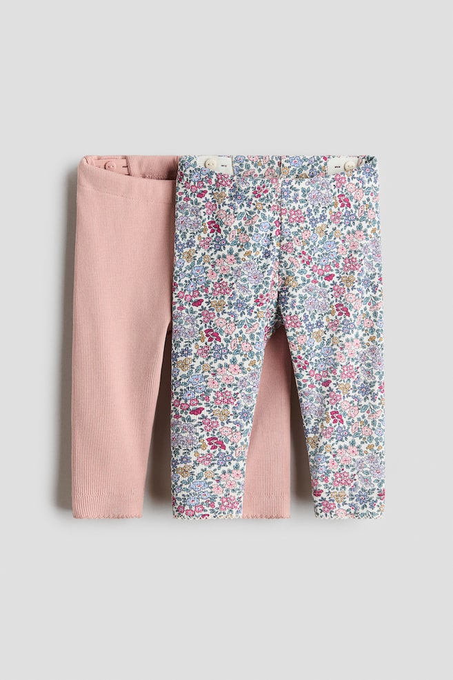 2-Pack Ribbed Cotton Leggings - Light dusty pink/floral/Plum/floral/Beige/floral - 1