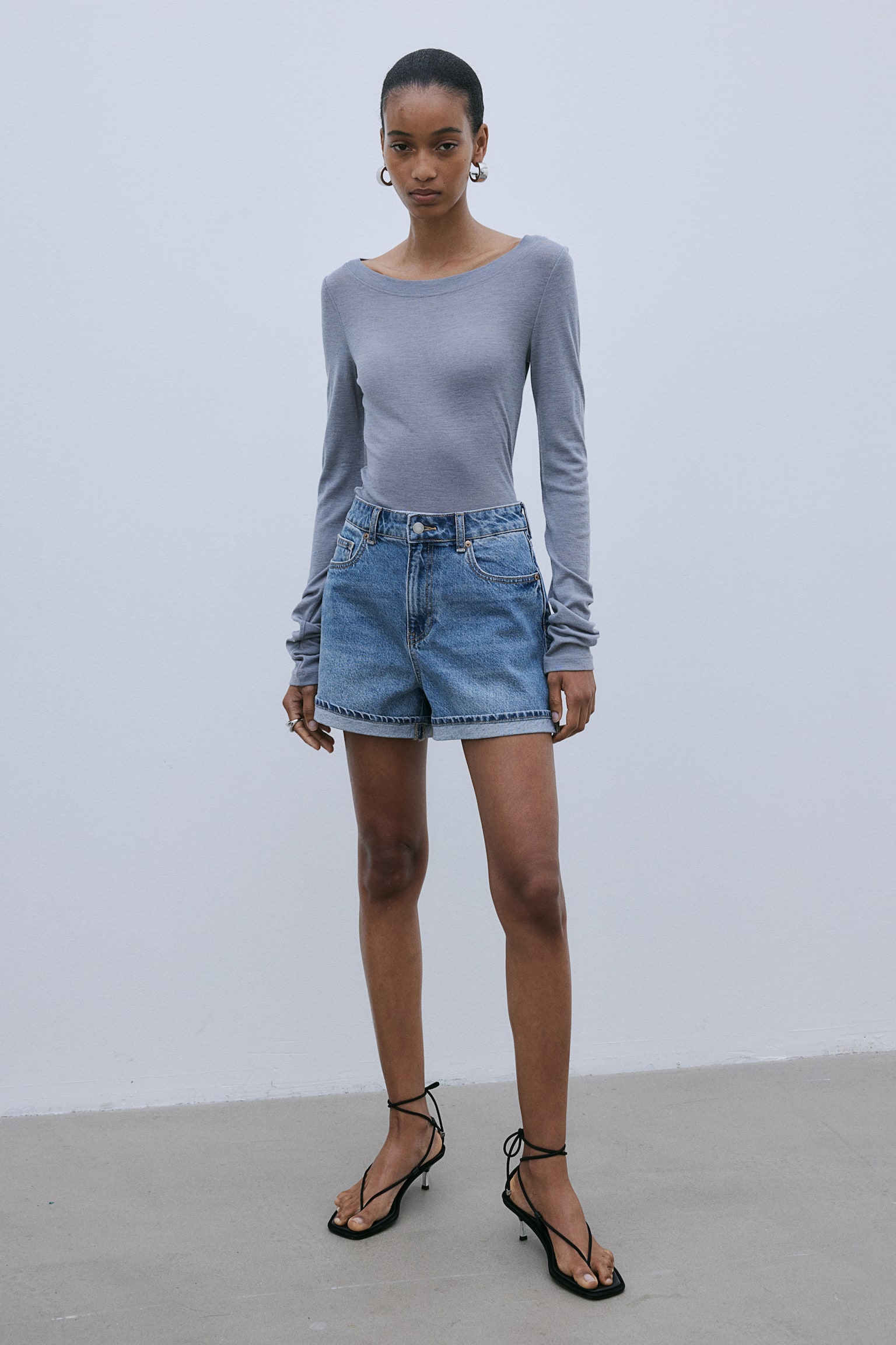 High-waisted denim shorts - Denim blue/Dark grey/Light denim blue - 6