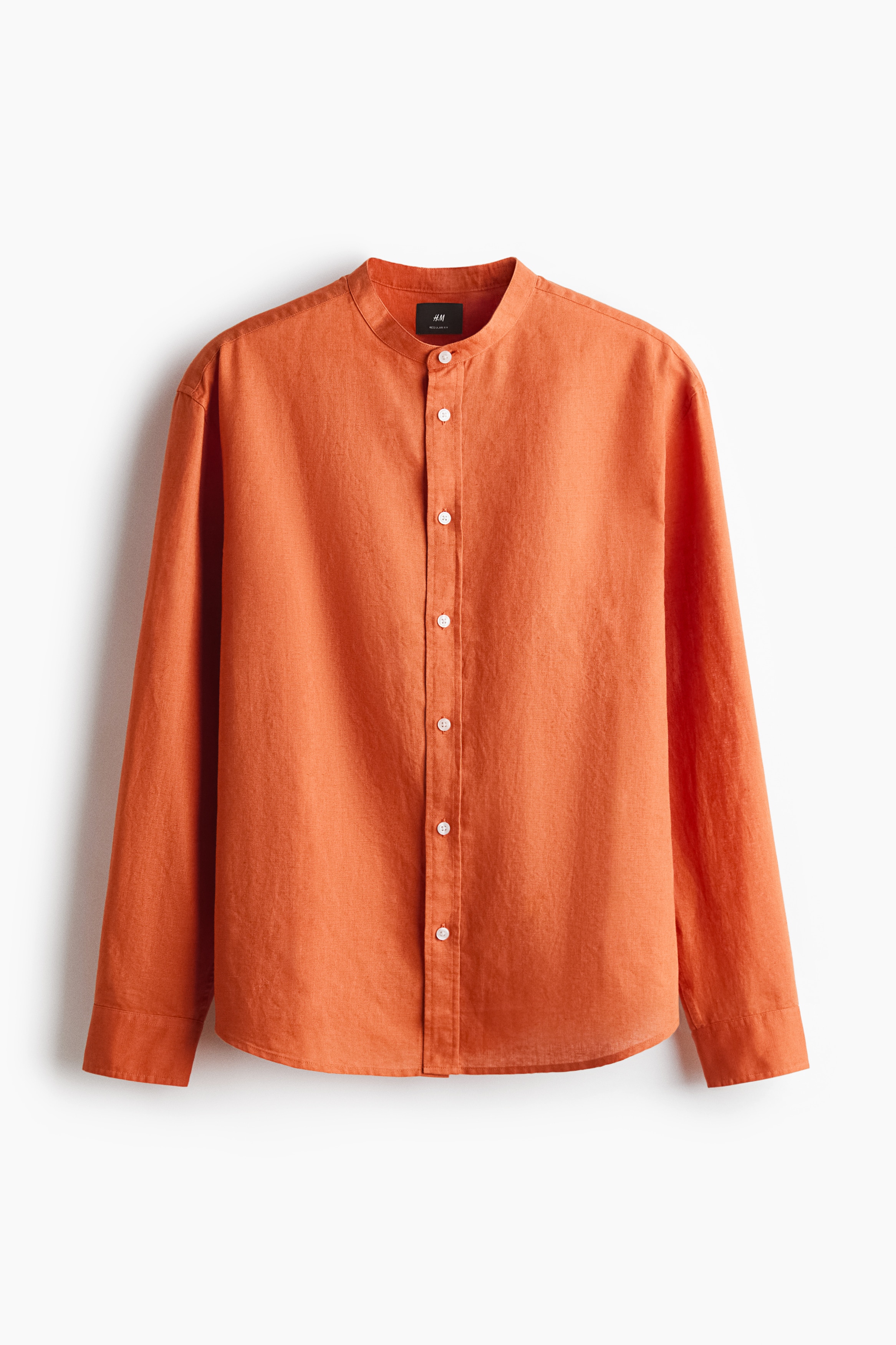 Regular Fit Linen-blend grandad shirt - Dark orange/Bright blue