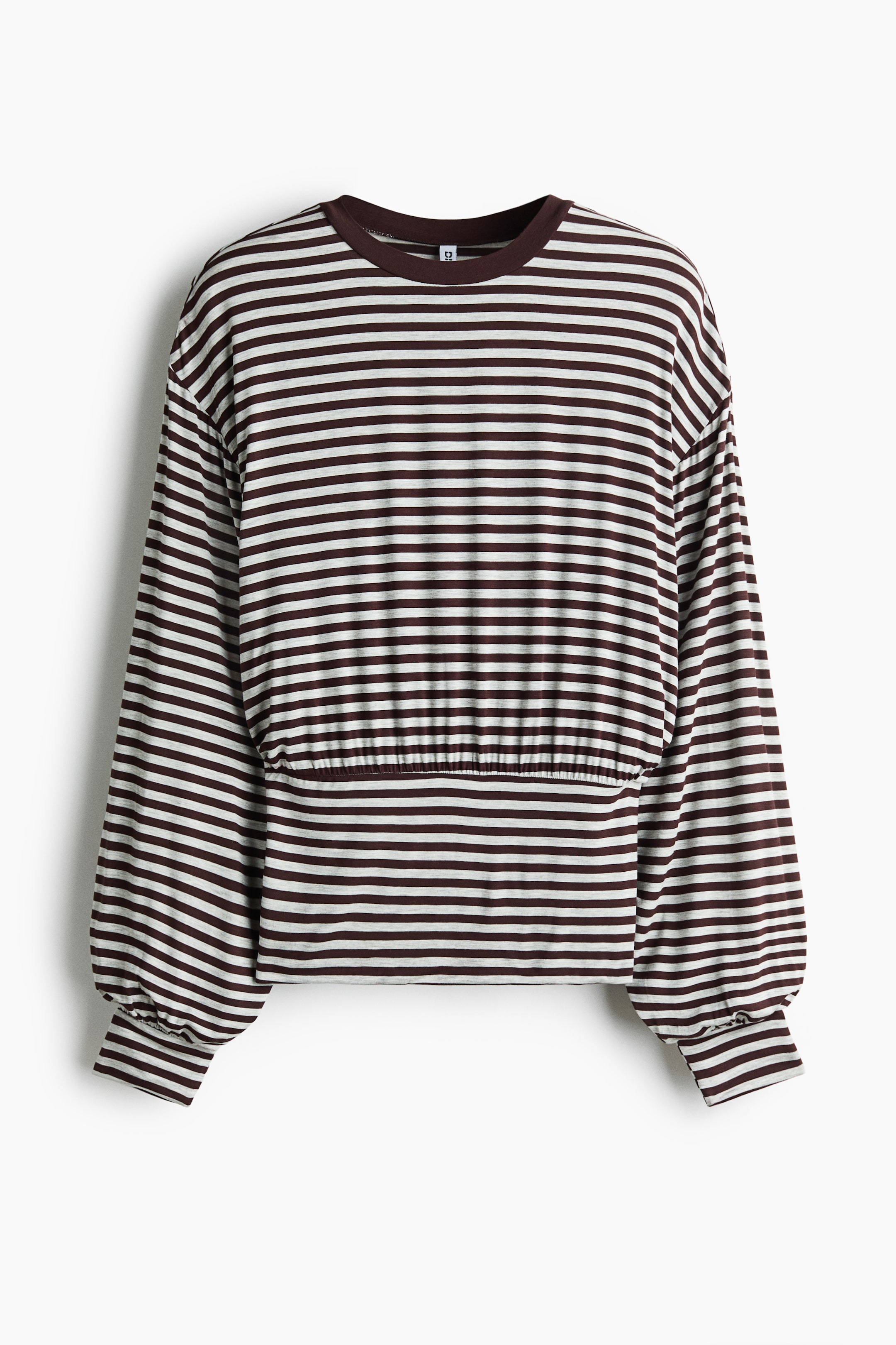 View larger image: This front-facing long-sleeved top features a pattern of dark brown and light gray horizontal stripes. It displays a solid brown crew neckline, balloon sleeves with ribbed cuffs, and an elasticated, gathered waistline that cinches the midsection.