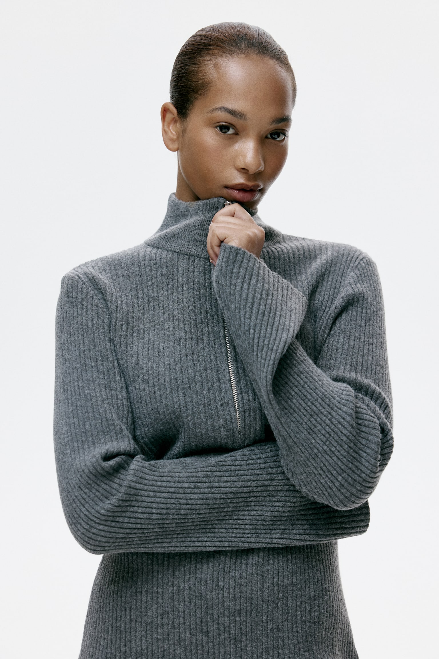 Rib-knit zip-top jumper - Grey marl/Dark brown - 1