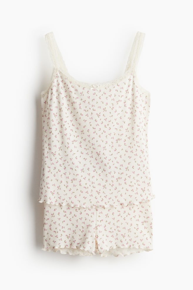 Ribbed pyjamas - Cream/Pink floral/Powder pink - 1