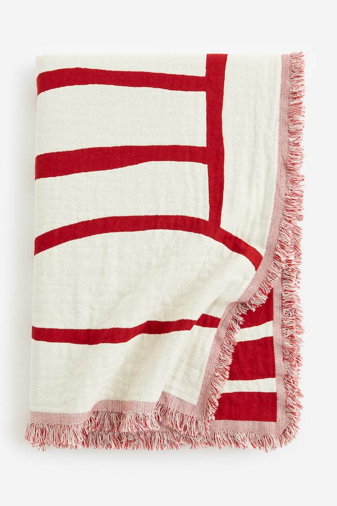 Jacquard-weave cotton blanket - Red/Cream/Dark grey/Cream - 1