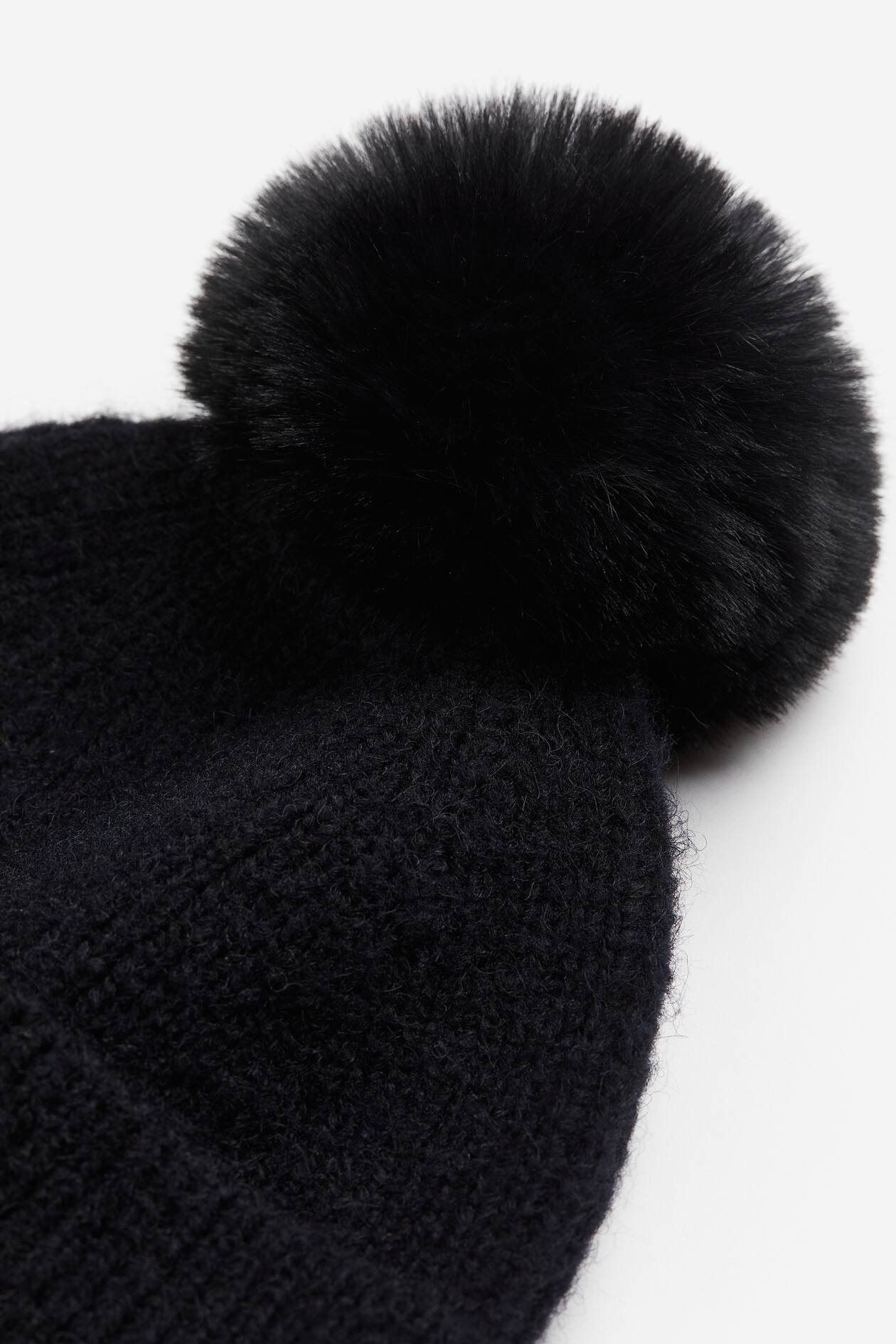 Rib knit Pompom Hat Black Ladies H M US rib-knit-pompom-hat-black-ladies-h-m-us