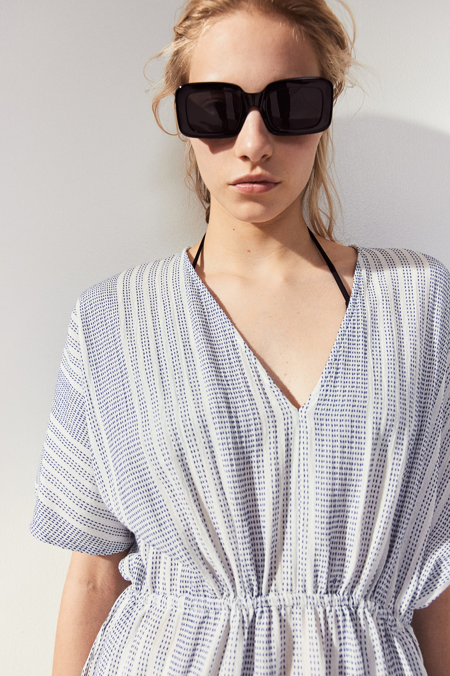 Drawstring-detail kaftan dress - White/Blue striped/Black/Striped - 4