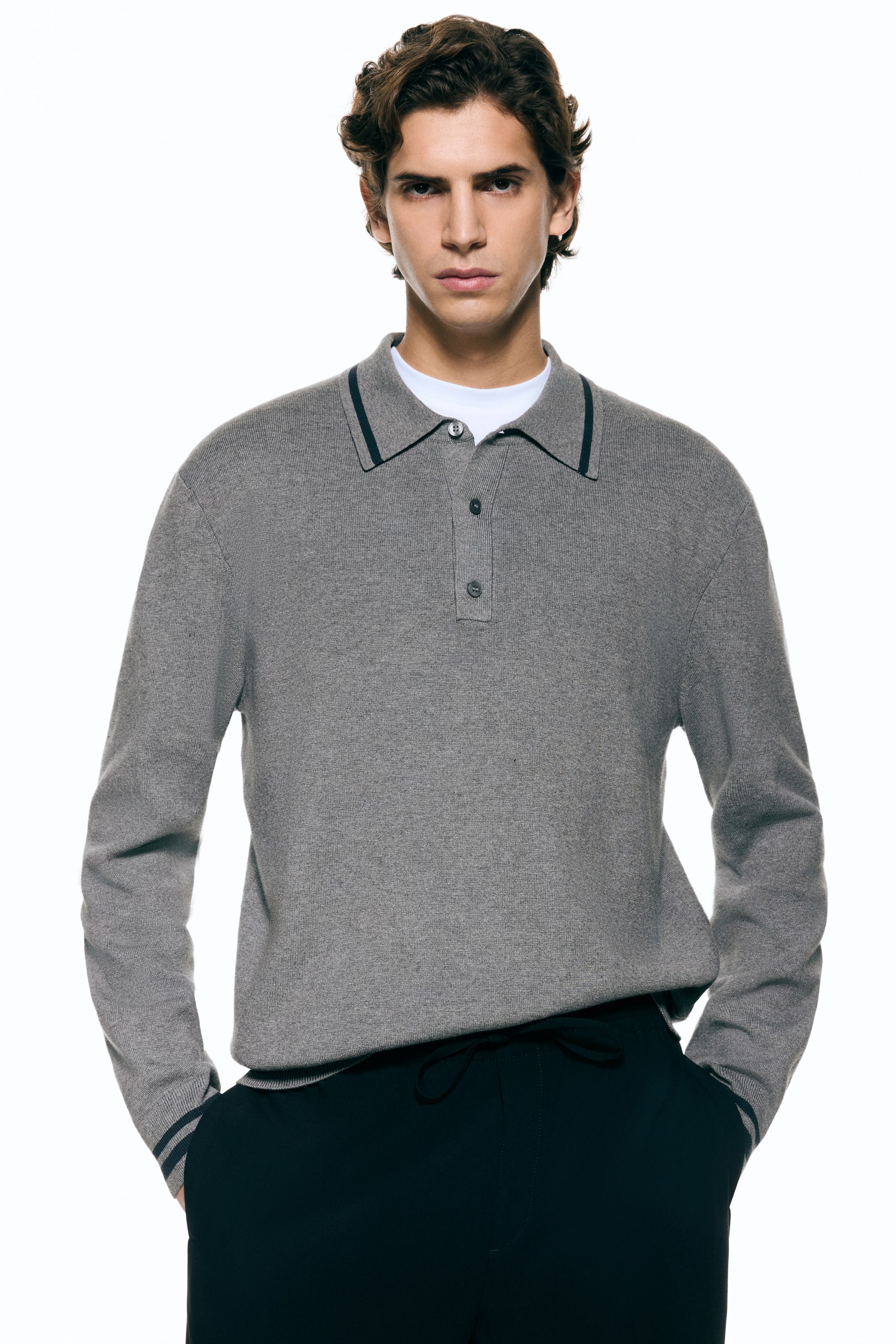 View larger image: Relaxed Fit Long-sleeved Polo shirt - Dark grey/Stripes - Men | H&M IN 1