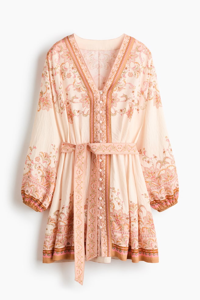 Loose Fit Tie Belt Dress - Pink/Paisley pattern - 1