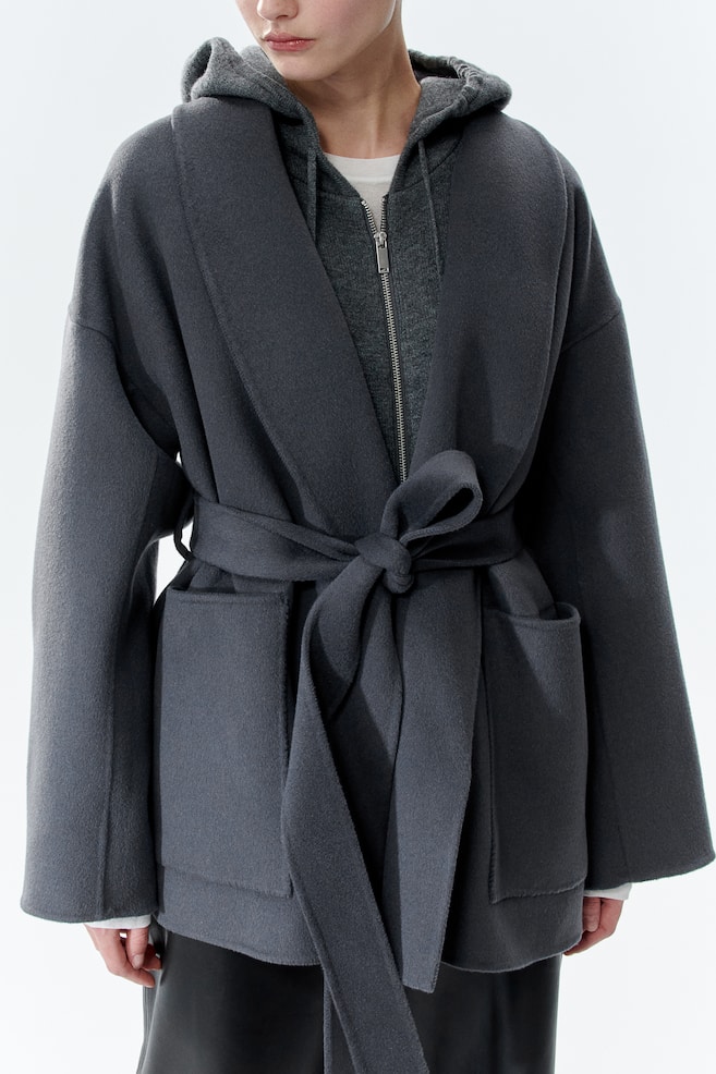 Manteau en laine avec ceinture à nouer - Gris foncé - 6