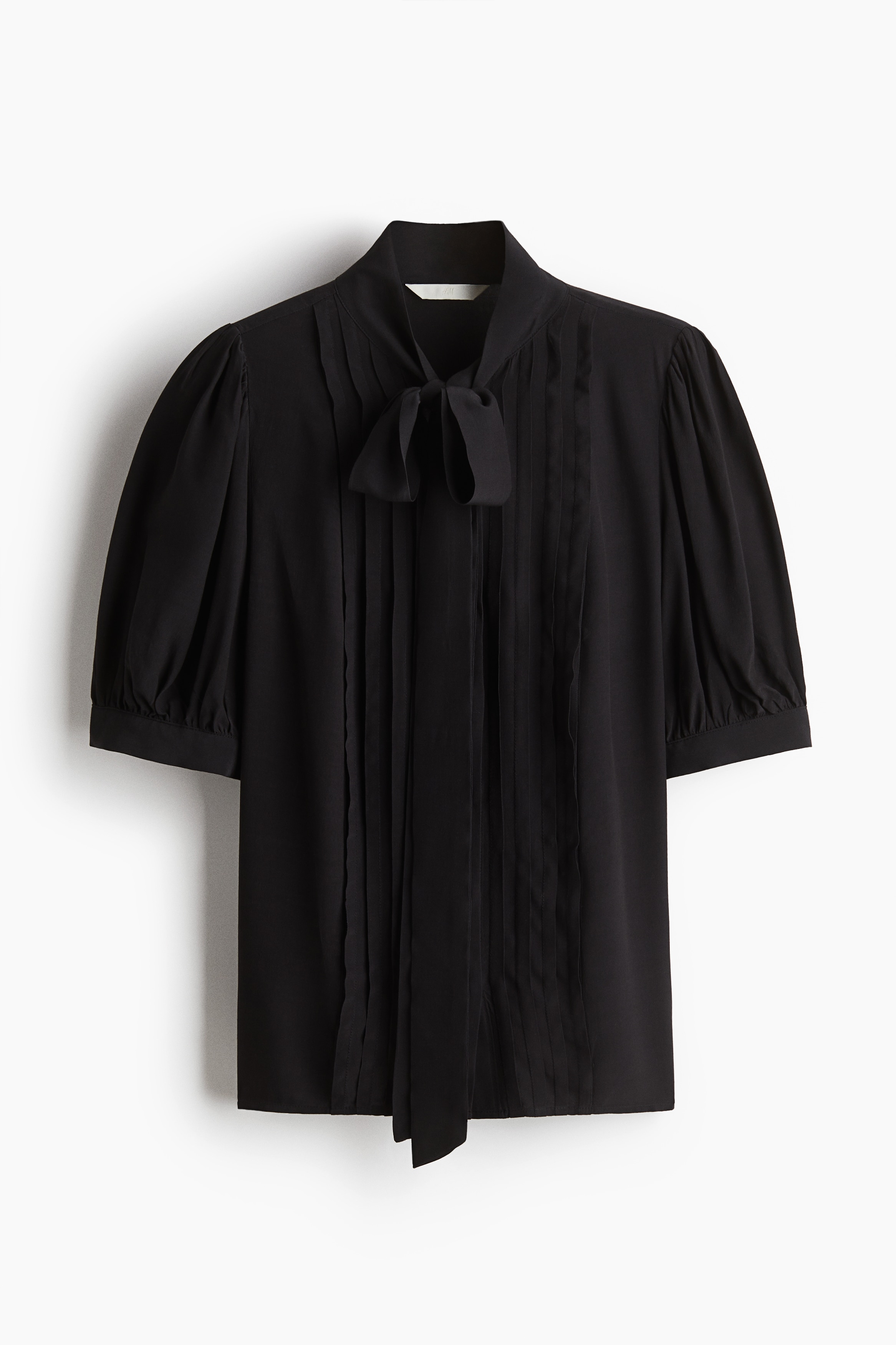 領口綁帶縐紗女衫 - 黑色