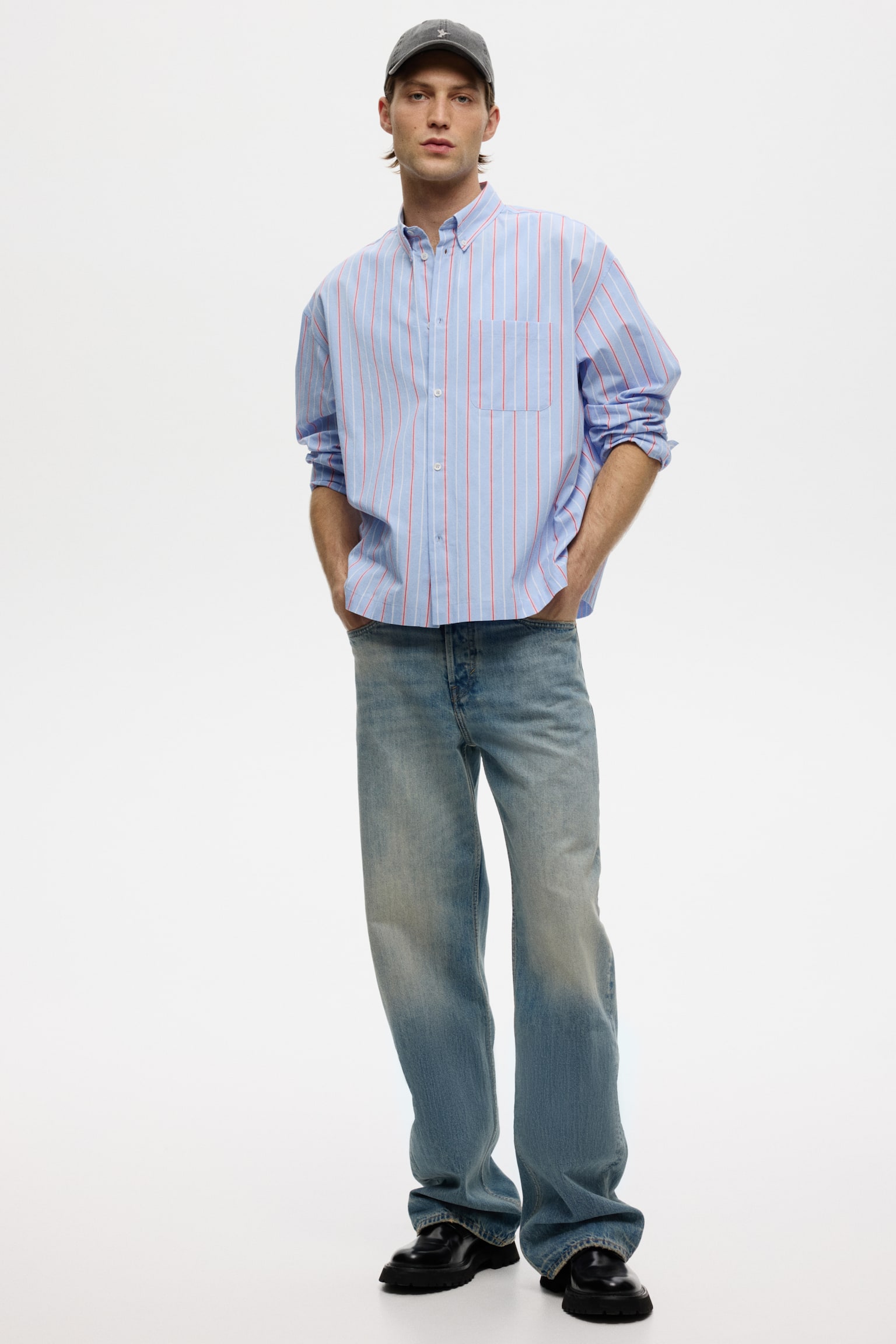 Relaxed Fit Cotton shirt - Light blue/Striped/Light blue/Striped - 1