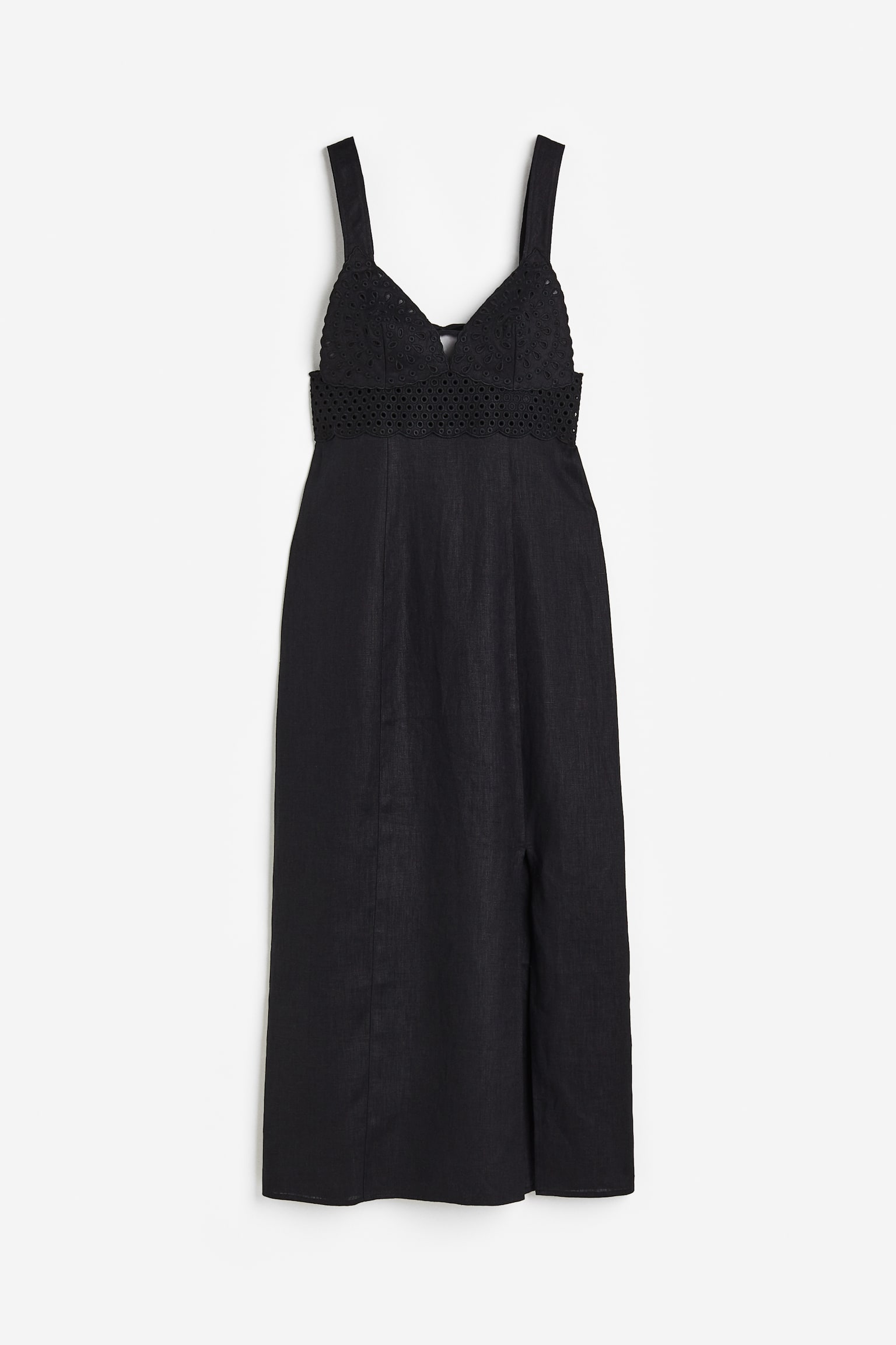 Broderie Anglaise Detail Linen Dress - Black - 1