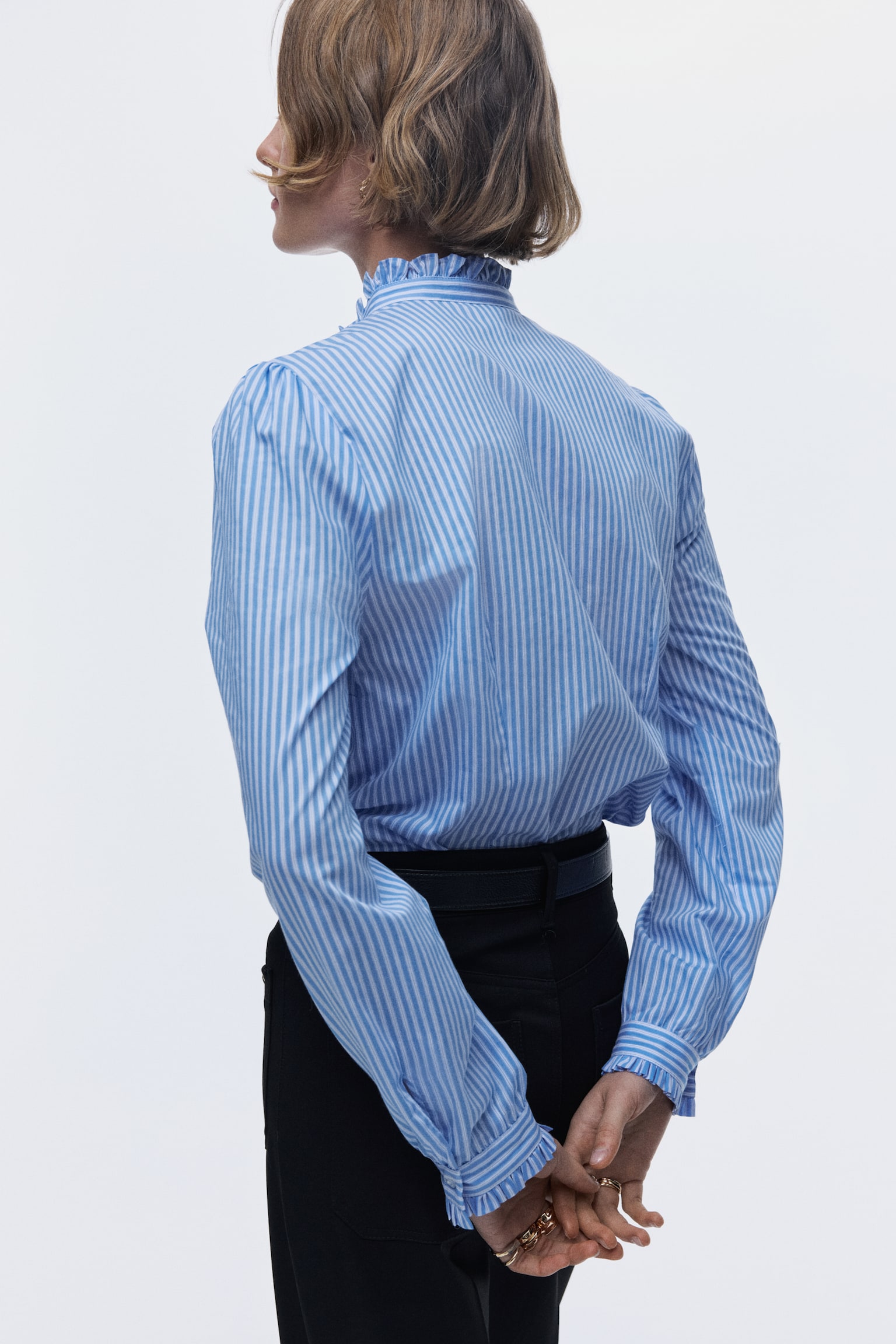 Frill-trimmed poplin blouse - Màu xanh dương/Kẻ - 6