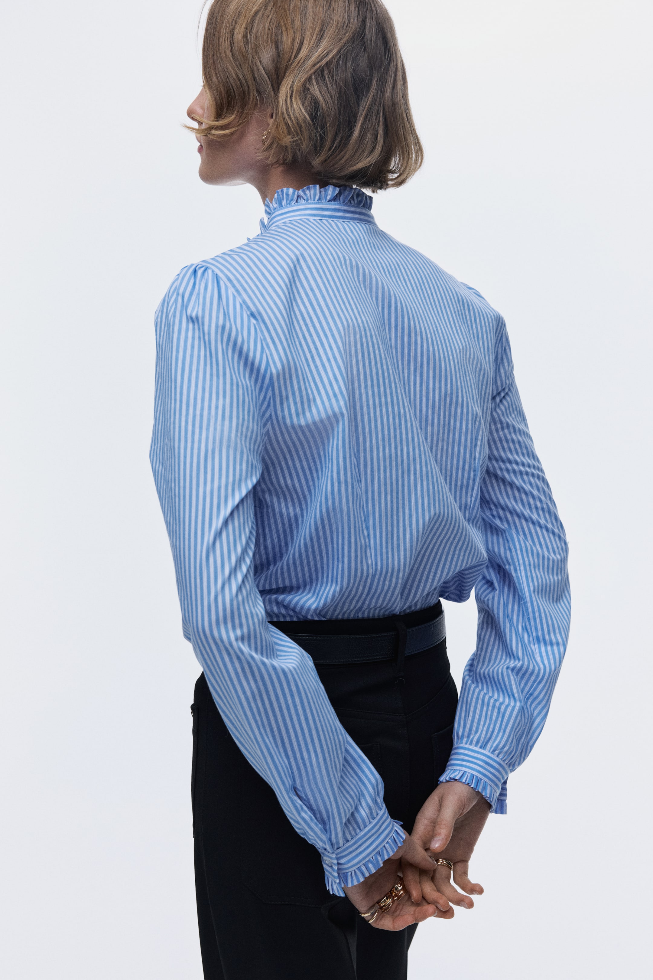 View larger image: Frill-trimmed poplin blouse - Blue/striped - Ladies | H&M CA 6