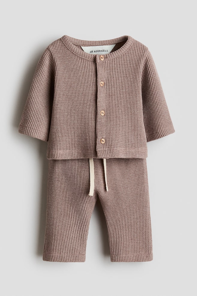 2-piece waffled cotton set - Dark beige/Khaki green/Cream - 1