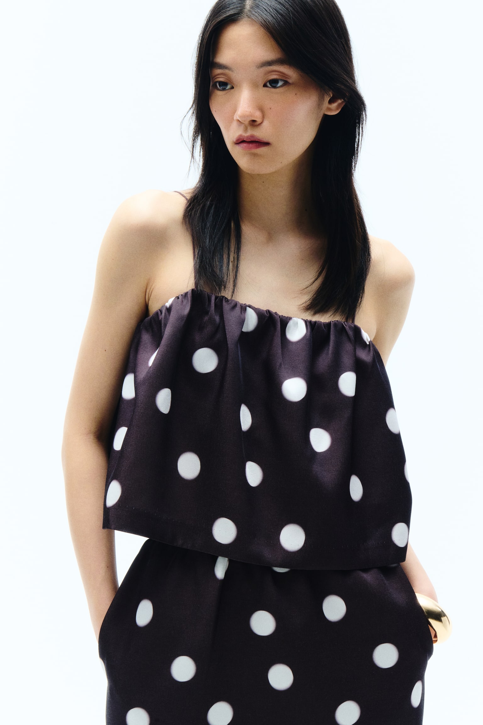 Gathered Strappy Top - Dark brown/polka dot - 1