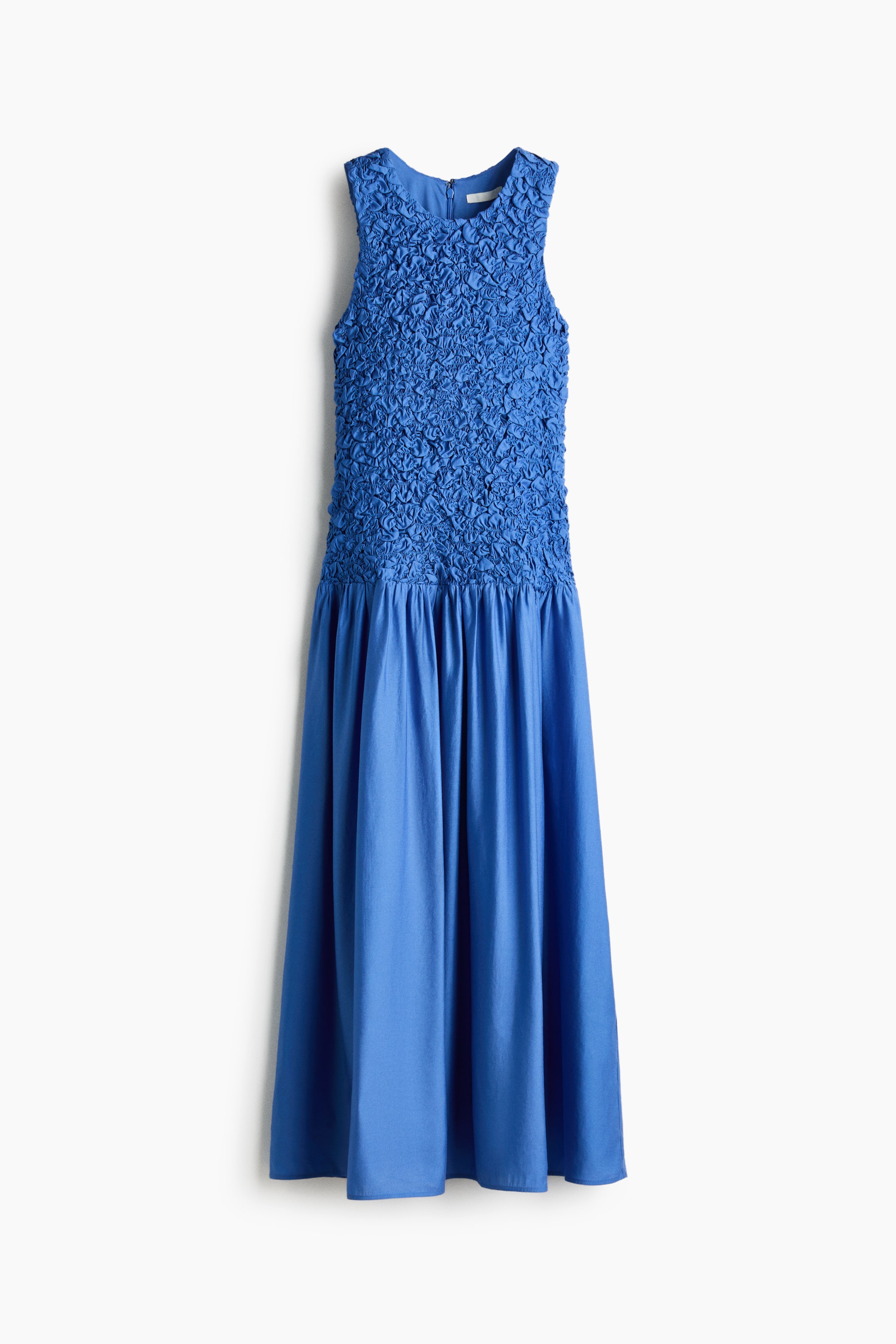 View larger image: The blue dress is shown from the front, showcasing a sleeveless, round-neck bodice with an intricate scrunched texture. A smooth, flowing skirt gathers at the waistline.