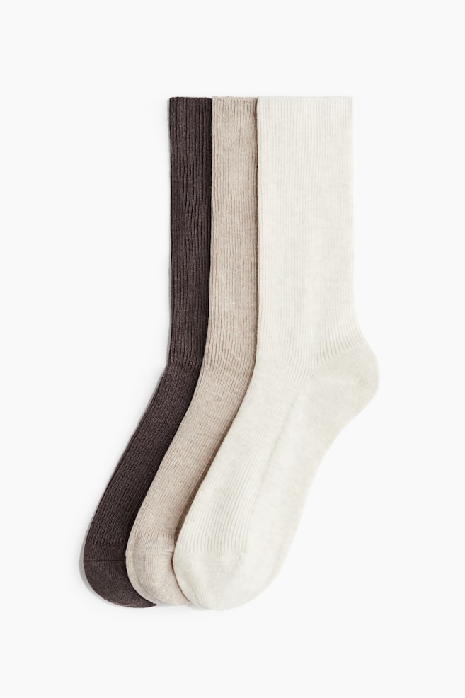 3-pack Ribbed Socks - Cream/light beige/dark brown - 1
