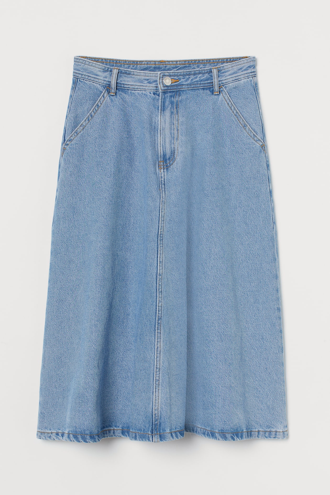 Knee-length Denim Skirt - High waist - Midi - Light denim blue - Ladies ...