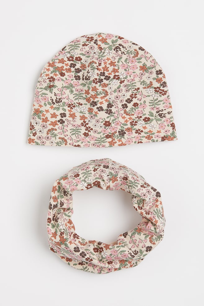Cotton hat and tube scarf - Light powder beige/Floral/Light pink/Butterflies/Light green/Floral/Beige/Leopard print - 1