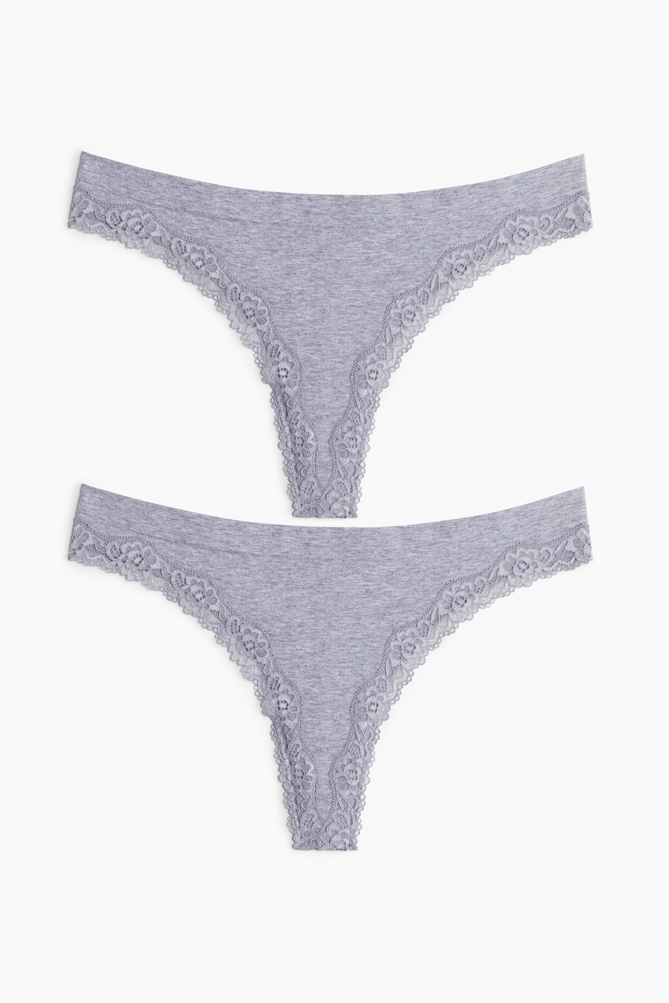 Set van 2 seamless slips met kant - Thong - Grijs gemêleerd/Wit/Lichtblauw