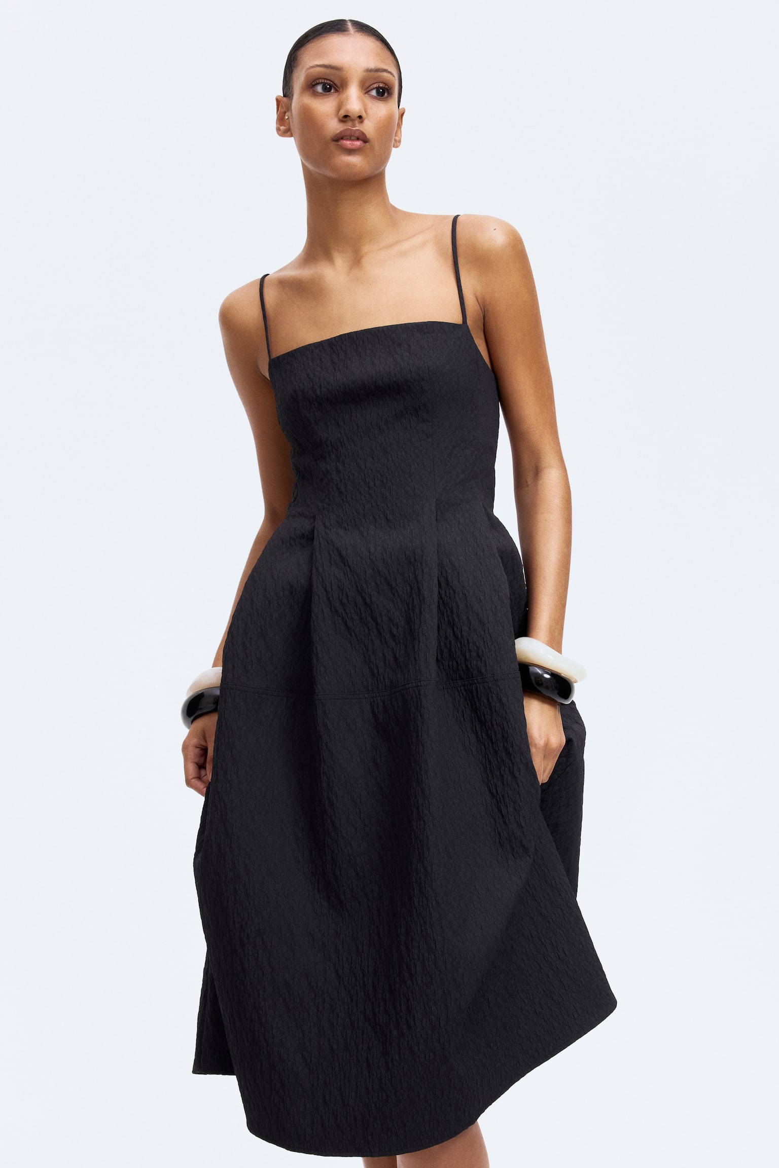 Jacquard-weave strappy dress - Black/Brick red - 2