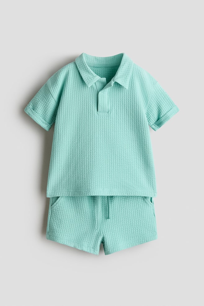 2-piece waffled cotton set - Mint green/Dark grey/Dark green/Light blue - 1