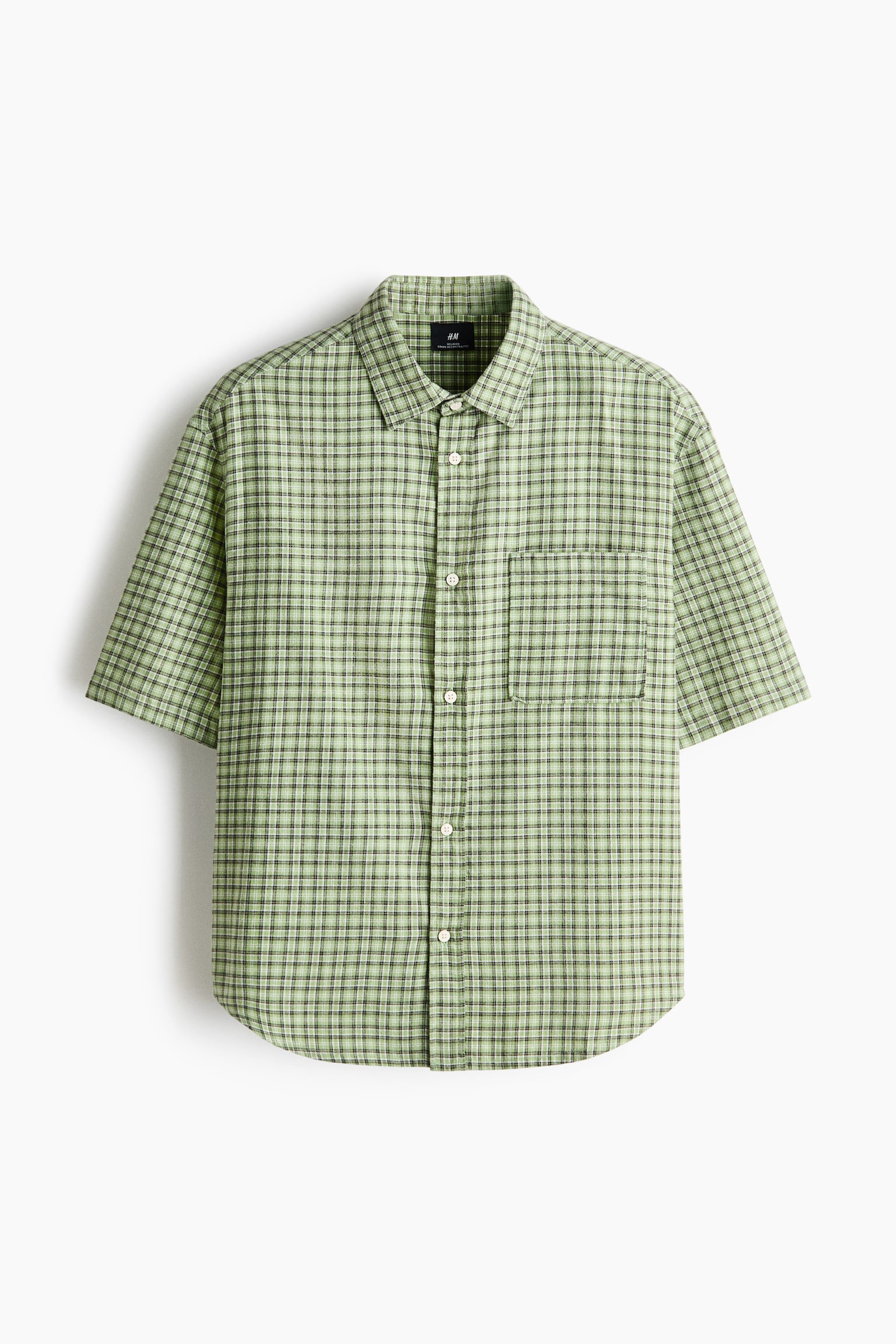 Мужская рубашка H&M Relaxed-Fit Cotton Flannel, цвет: Зелёный / Клетчатый — фото 1