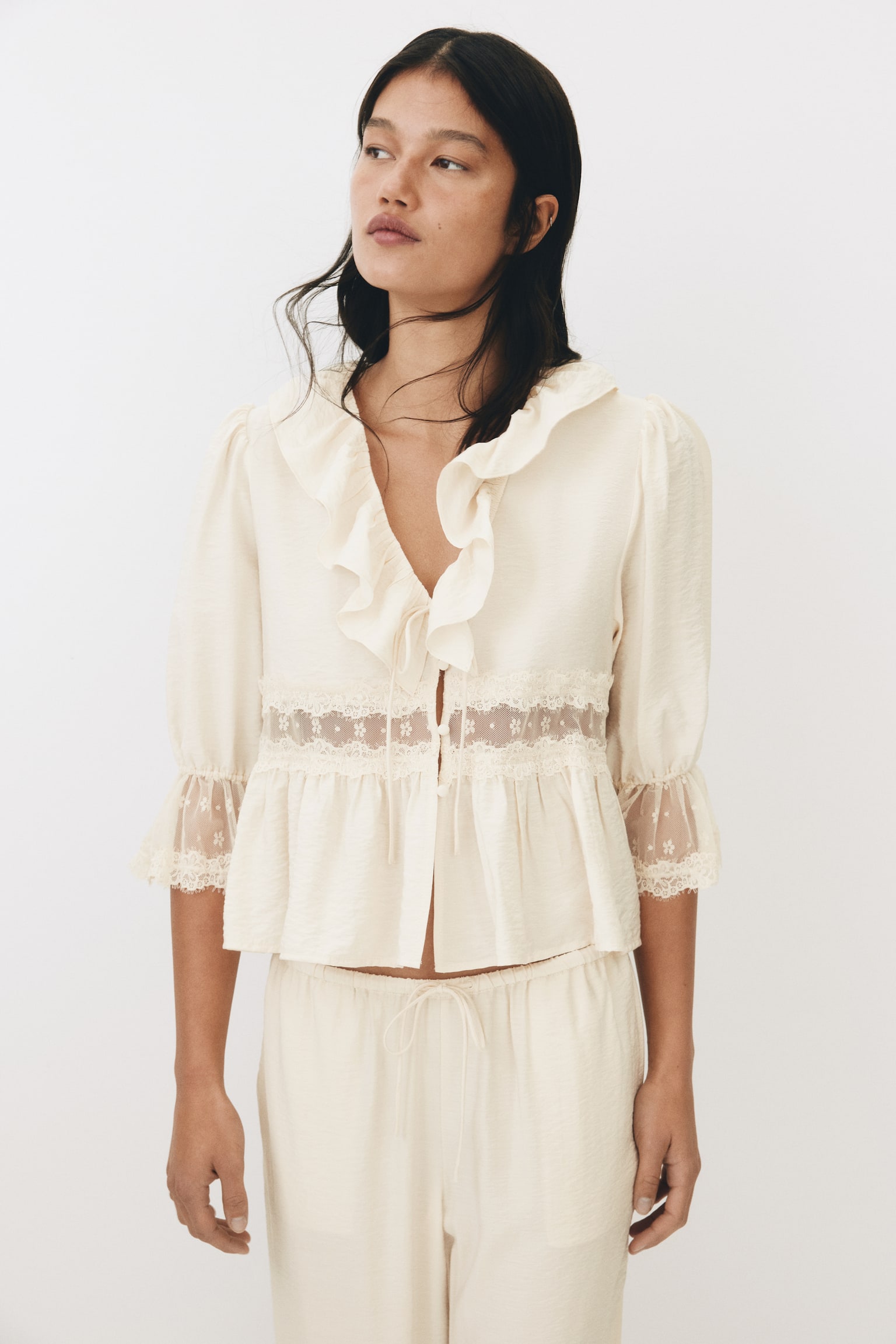 Lace-detail blouse - Light beige/Brown - 1